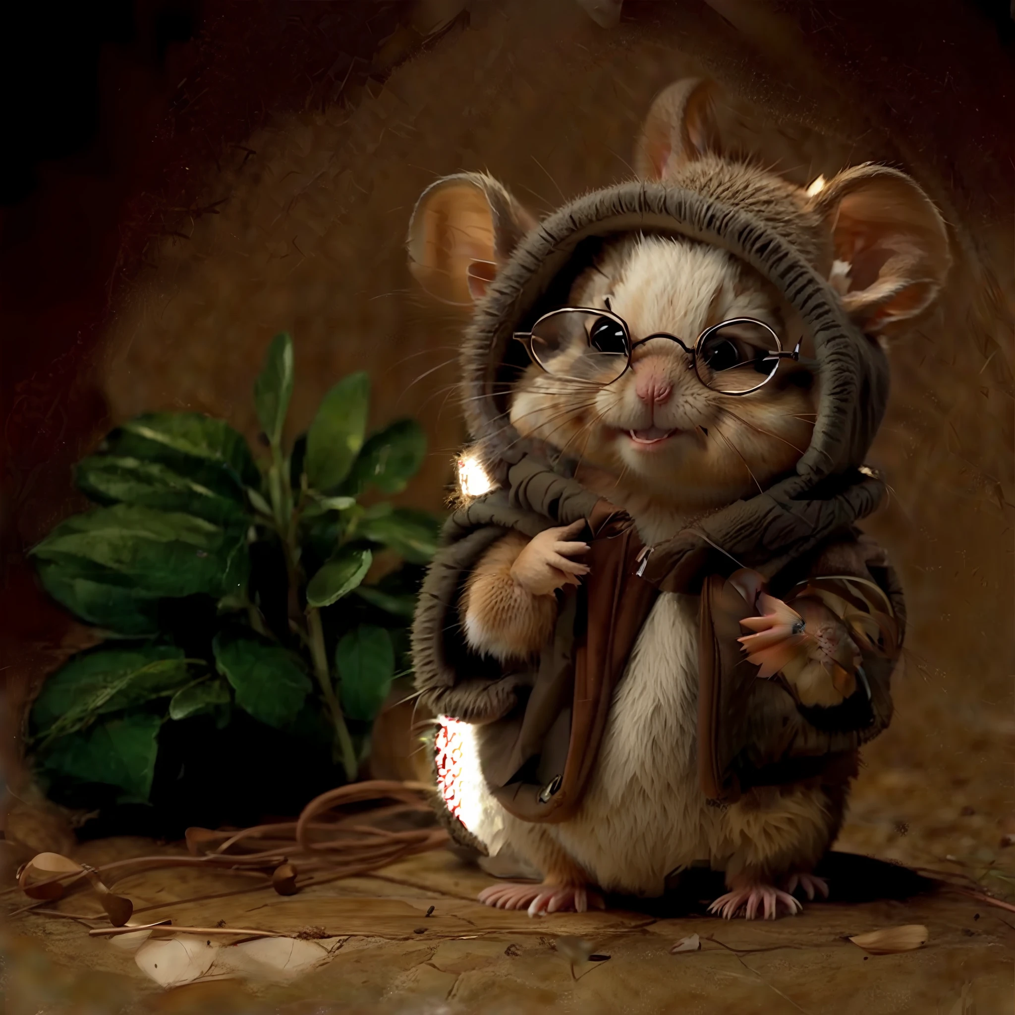 Draw a light brown mouse，holding a book in his hands，He wears a pair of large round glasses on his face，Wear a doctor's gown，adolable，Small chipmunk