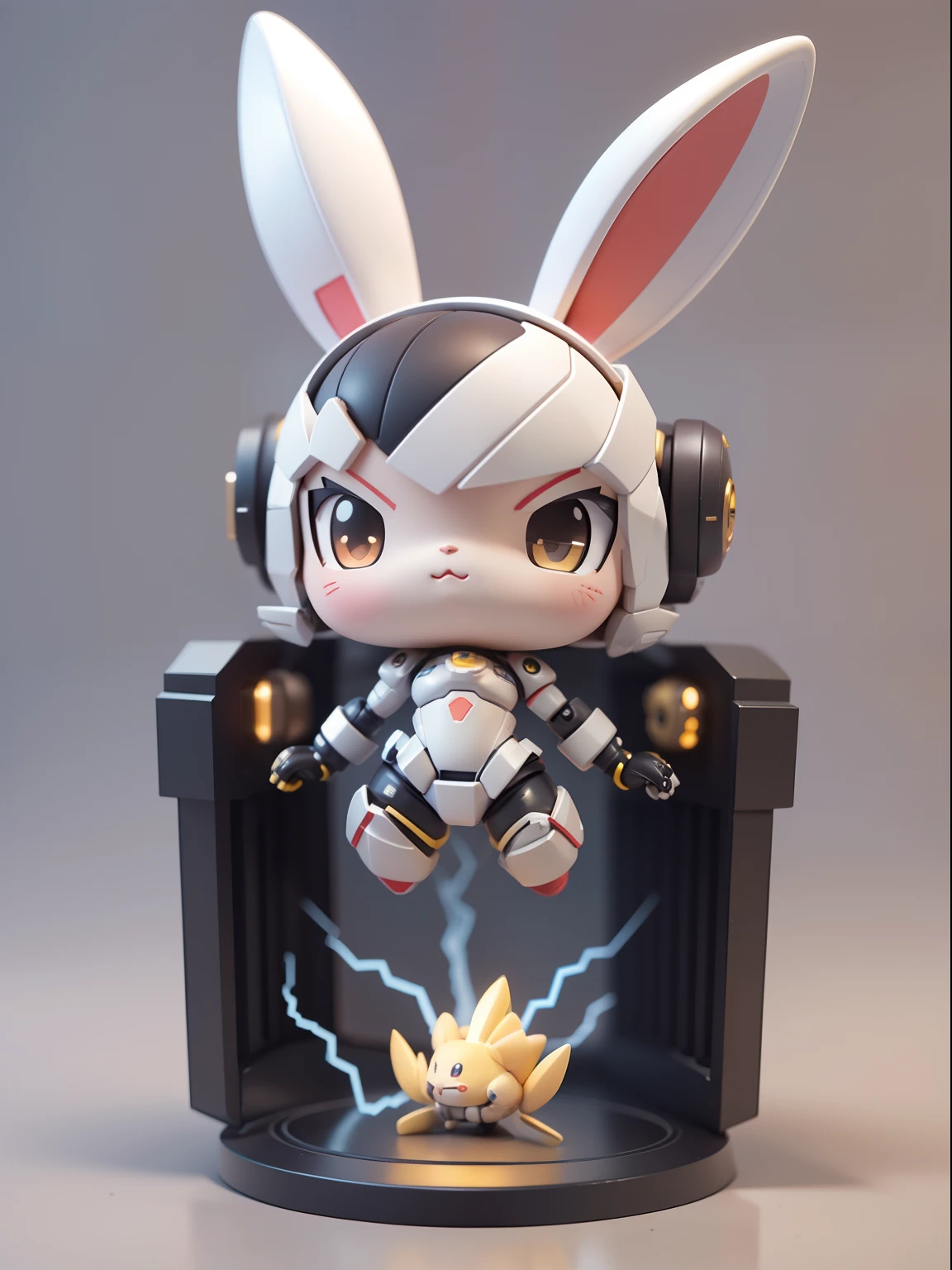 (Mechanical, Bunny: 1.331), (Mechanical Bunny Tail), Cute Style, Small, Big Head, Lava Jet, 3D Rendering, ((Q Version)), Pokémon Style, Machine Style, Cinematic Texture, Figures, Pokémon, Movie Lights, Heavy Robotic Arm, Mechanical Belly, Mechanical Legs, Mechanical Feet, Mechanical Feeling, Background Surround Lightning, Lightning, Cool, Clean White Background, Ray Tracing, Quality Colors, Full Body 3D Model, Action, Stylish Blind Box Toys. (fill body:1.2)，chibi