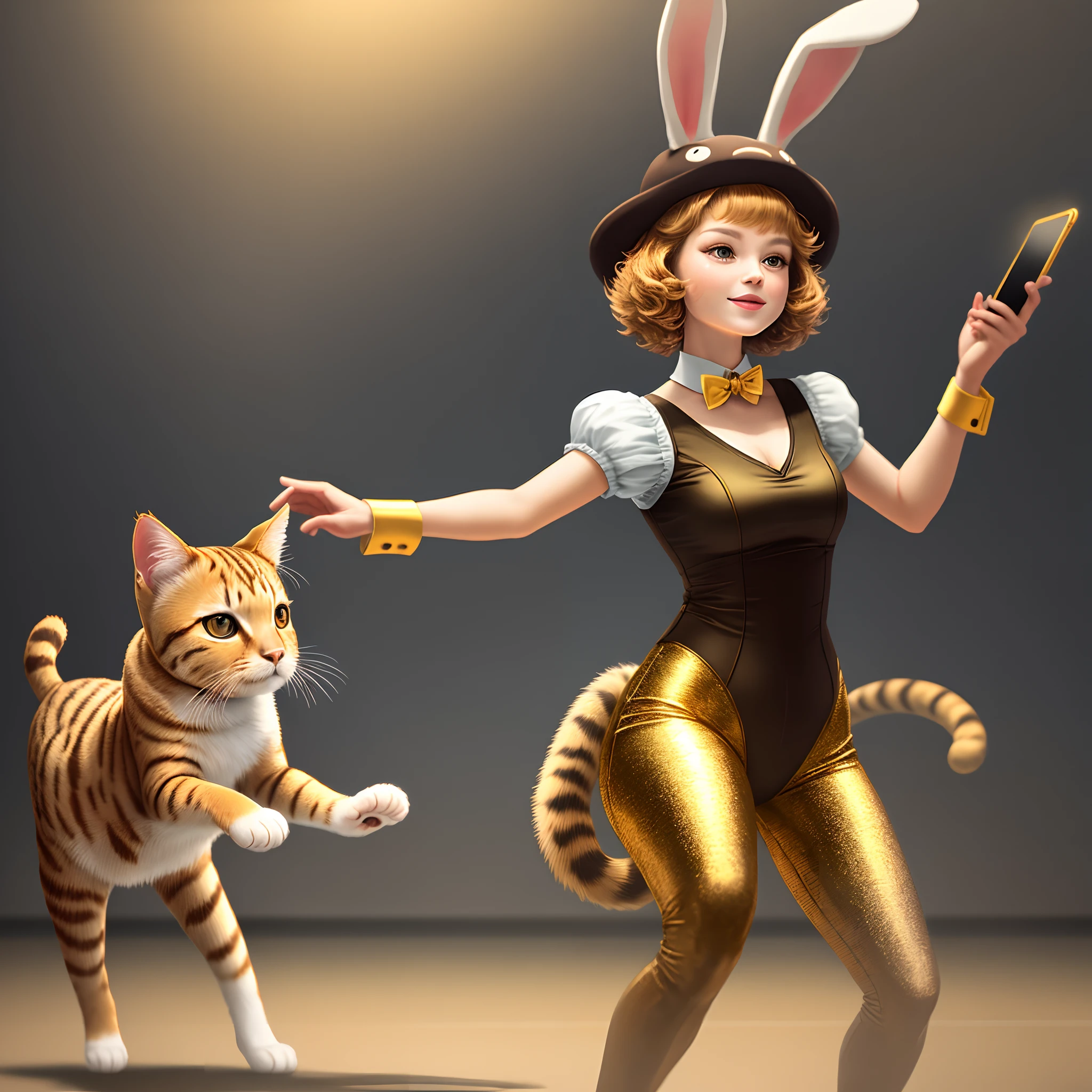 Draw a picture of a golden cat in high definition,With a bunny hat,Mobile phone in hand,Dancing waltzes