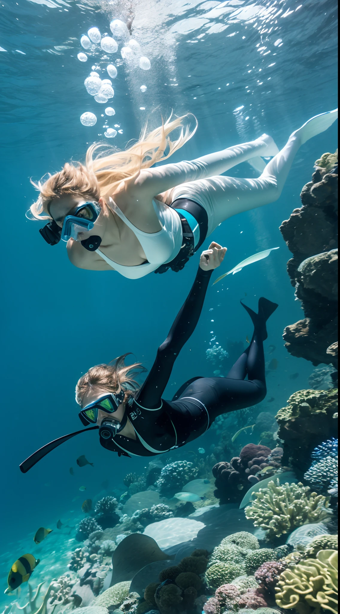Best quality，tmasterpiece，Partial underwater photography，Reflectors，Blonde 1.3 ，Messy hair floating，Diving goggles，Suits，slimfigure，，long leges