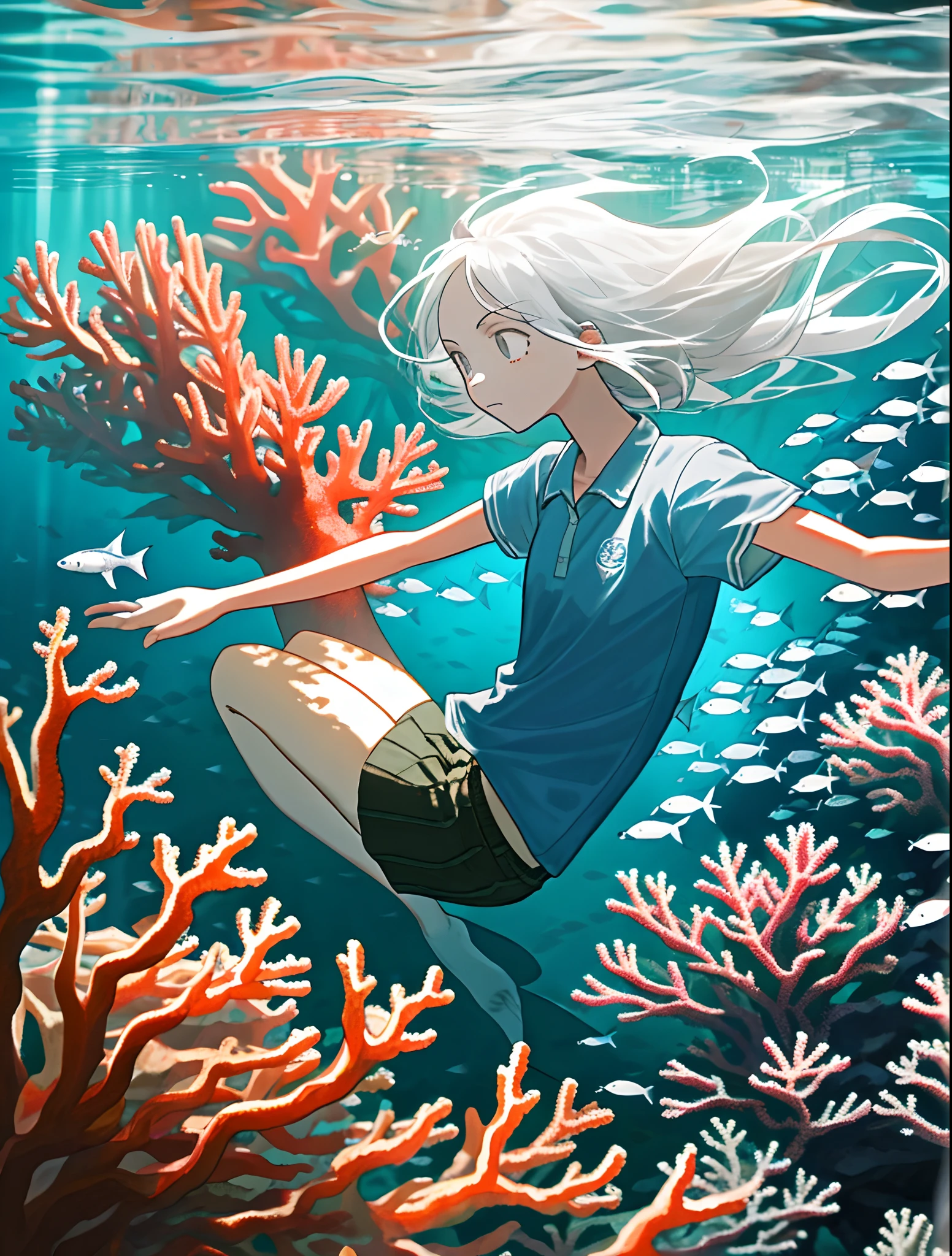 In the ocean, surrounded by coral reefs, sunlight penetrates the surface and enters the seabed, schools of fish, white-haired girl, perfect body, perfect fingers, perfect face, blue short sleeves