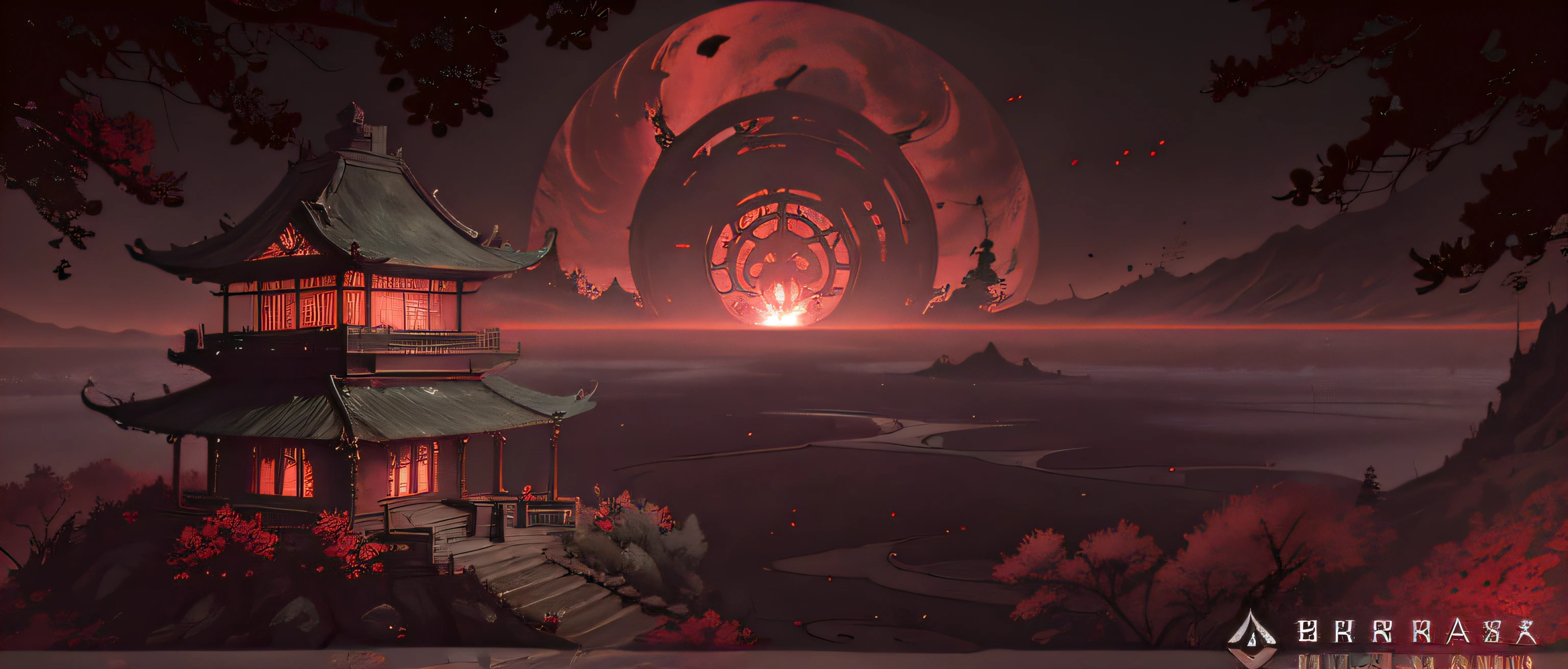 Green door scene, hell,Red flowers bloom on both sides,Large pond in front,ponds,waterface,Ghastly,terroral, background artwork, Mysterious Chinese architecture, ,Skysky, Yin Cao Di Mansion,Hell background, arte de fundo, dota! matte painting concept art, dota matte painting concept art, Traditional Chinese concept art, Temple background, stunning arcanum backdrop, Anime landscape concept art,highly accurate,((best qualtiy)), ((tmasterpiece)),No moon is needed,Chinese style buildings,magic