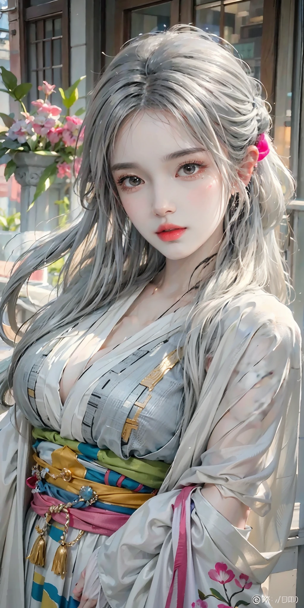 classic, (impasto), (photorealistic: 1.3), (painting), (realistic:1.3), (sketch), portrait, world masterpiece theater, 1 Japanese girl, ((long white hair, black eyes, wide eyes, bangs, long eyelashes, lipstick: 1.3, most detailed)), (bright eyes, Eye reflex, blush: 2), ((((shiny skin: 2))))), (printed kimono, exposed cleavage, exposed shoulders, side shot, upper body close-up, looking to the camera), ((medium breasts): 1.2), solo focus, indoor background, background blur