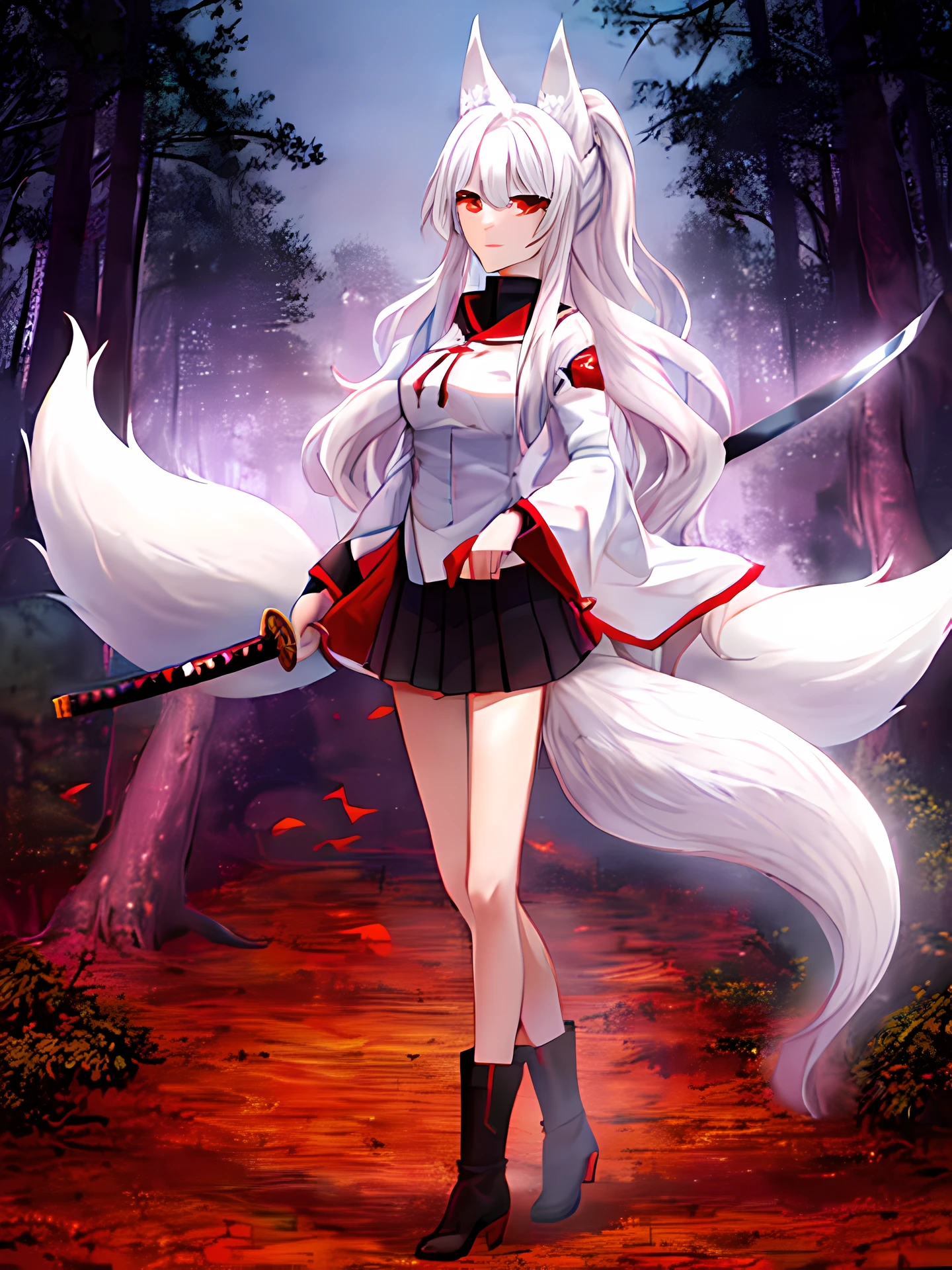 (anime kitsune girl with long white hair in ponytail), (fox girl holding a katana and wearing a white uniform and black skirt), (red eyes), white haired deity, neutral expression, high quality, ((extreme detail)), ((forest village in background))