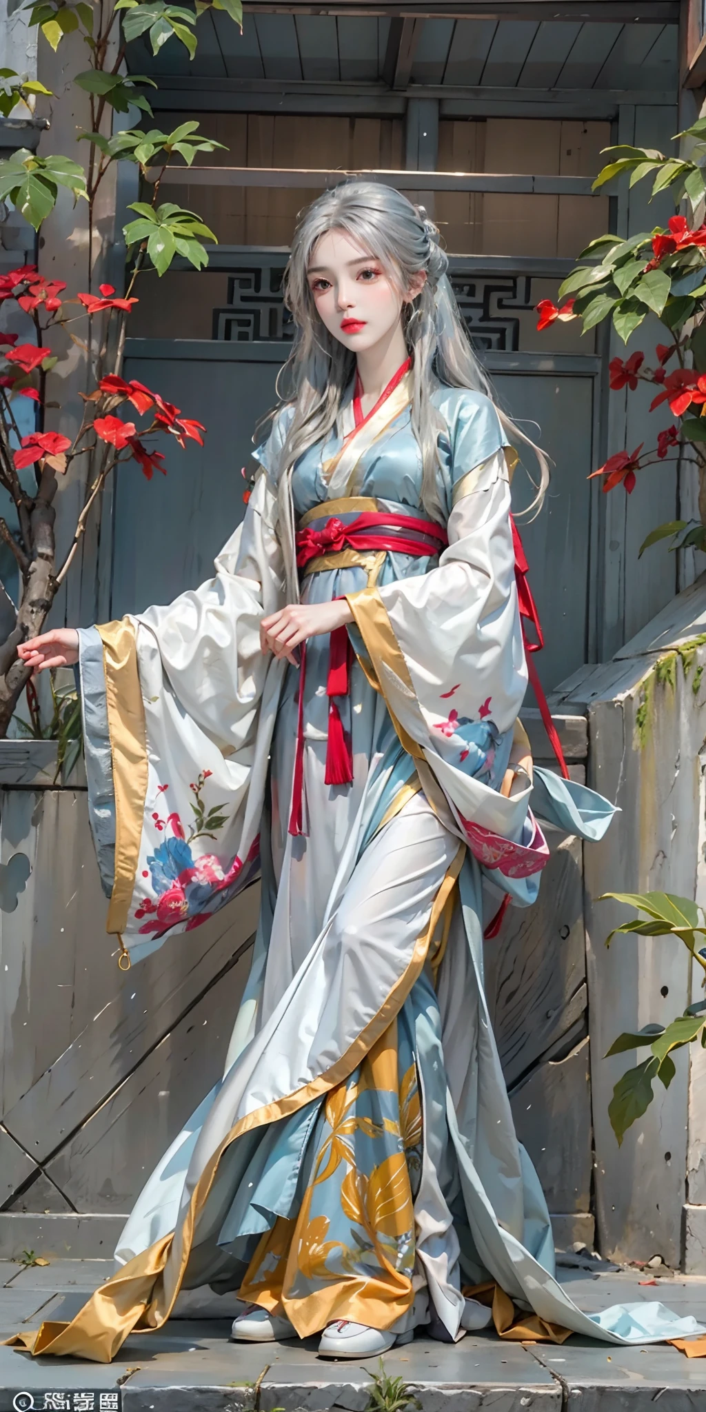 photorealistic, high resolution, soft light,1women, solo, hips up, (detailed face), silver hair, ru_qun, colorful hanfu tattoo, jewelry