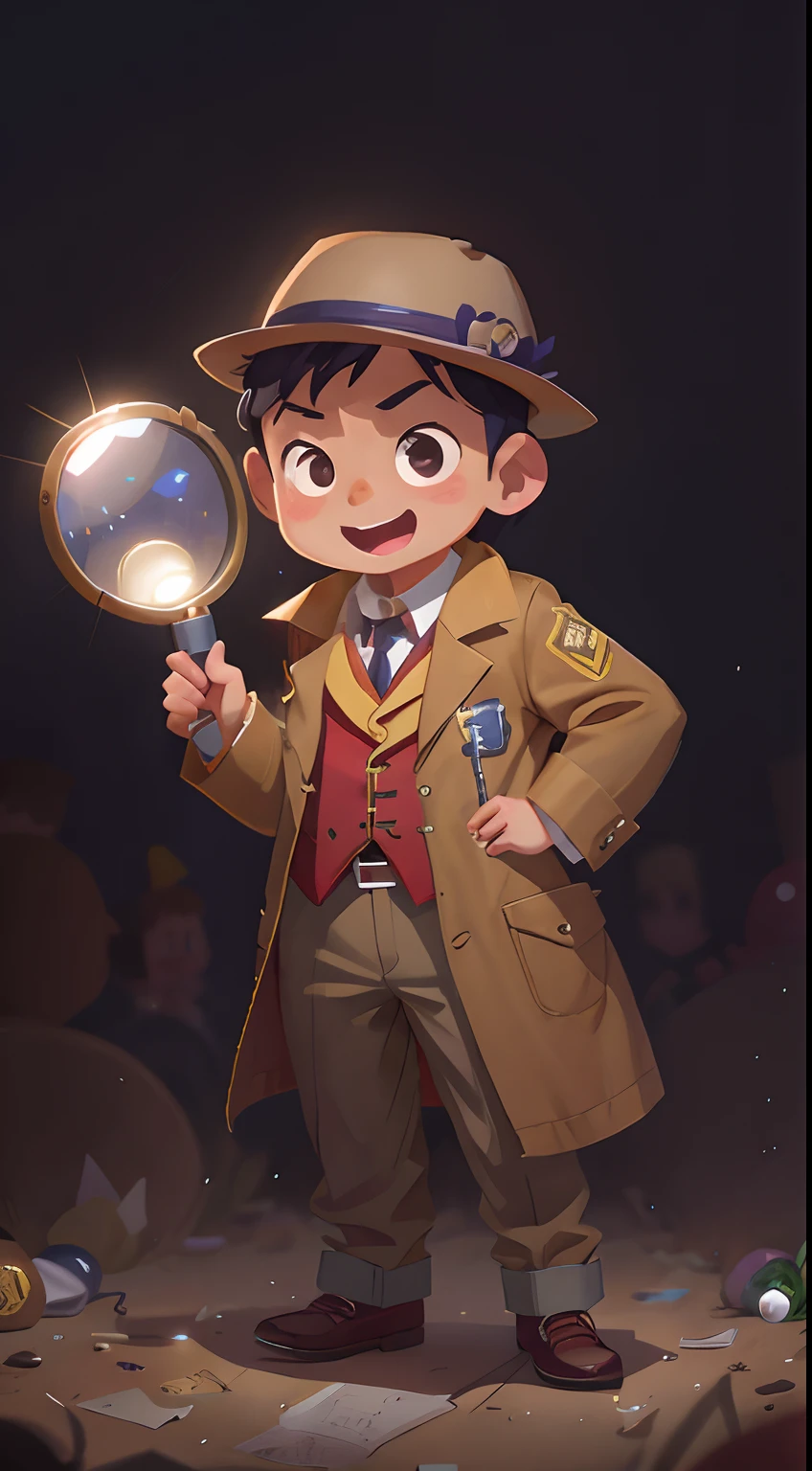 A 12-year-old Asian teenager in a detective costume looks at the audience with a magnifying glass in his hand，full bodyesbian，ssmile，sherlock holmes，Exaggerated expressions，Dynamic action，cartoonish style，glossy shine，spotlight lights，best detail，HD rate，Elementos do Jogo， solid color backdrop，Apply