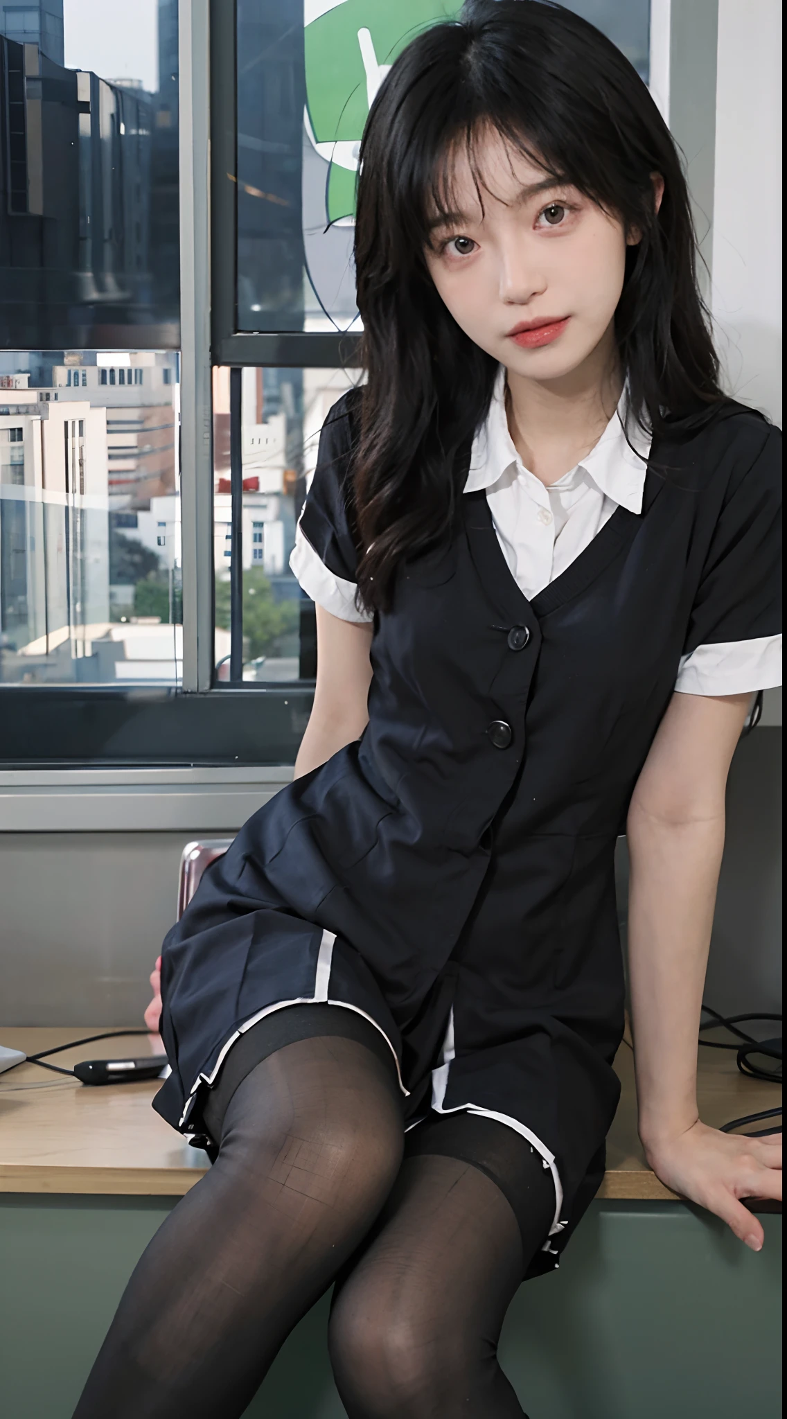 best qualtiy，tmasterpiece，超高分辨率，（realisticlying：1.4），A pair of smart eyes, Full body like，pretty  face，slimfigure，Smaller bust，office lady uniform，Office wear，black lence stockings，Outdoor scene，Sit Pose，