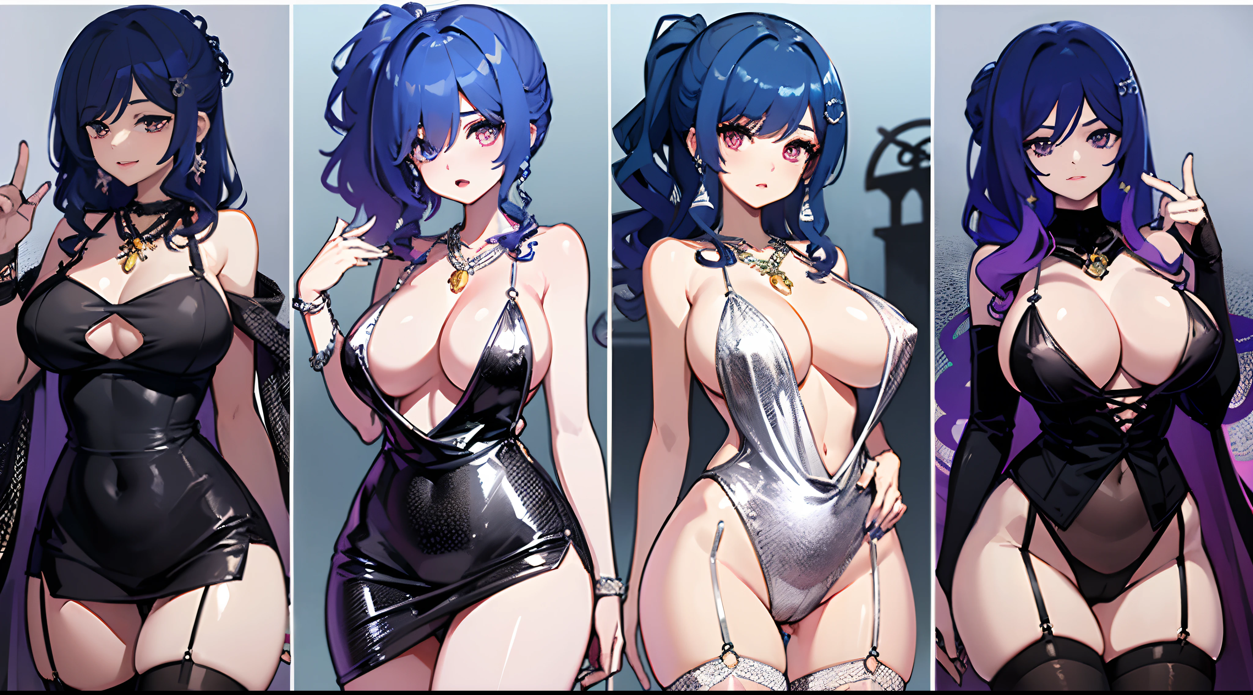 collage of five variatons of anime ghost girl, very white skin, long loose blue wavy hair with purple highlights, black victorian dress with cleavage, big breasts, ((masterpiece)), ((high resolution)), glistening skin, bondage fetish garter victorian dress, kawaii cemetery background