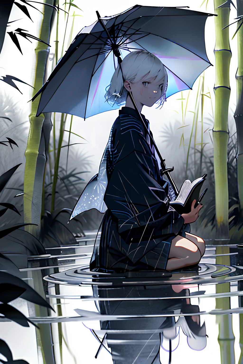 On a rainy night，The background is surrounded by a bamboo forest。Draw a person sitting cross-legged on the ground，Legs crossed，Quietly flip through a book soaked by the rain。Next to him is an open umbrella，Fell to the ground。There are purple lightning bolts across the picture，Illuminate the reflection of a figure in the backwater，That reflection should have a devilish crazy expression