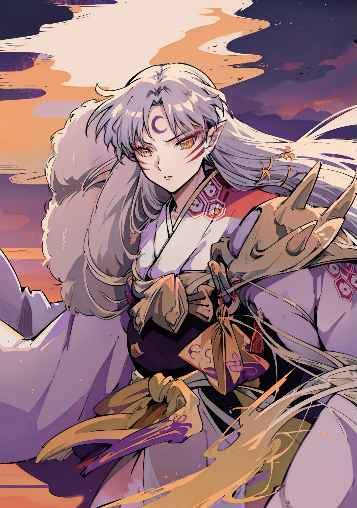 Sesshomaru, Yellow eyes, Anime, Perfect face, Perfect Lighting, Outdoors, Warm colors, Dark purple sky, Autumn sunset,  \(inuyasha\), Bearing Claw, Ready to fight