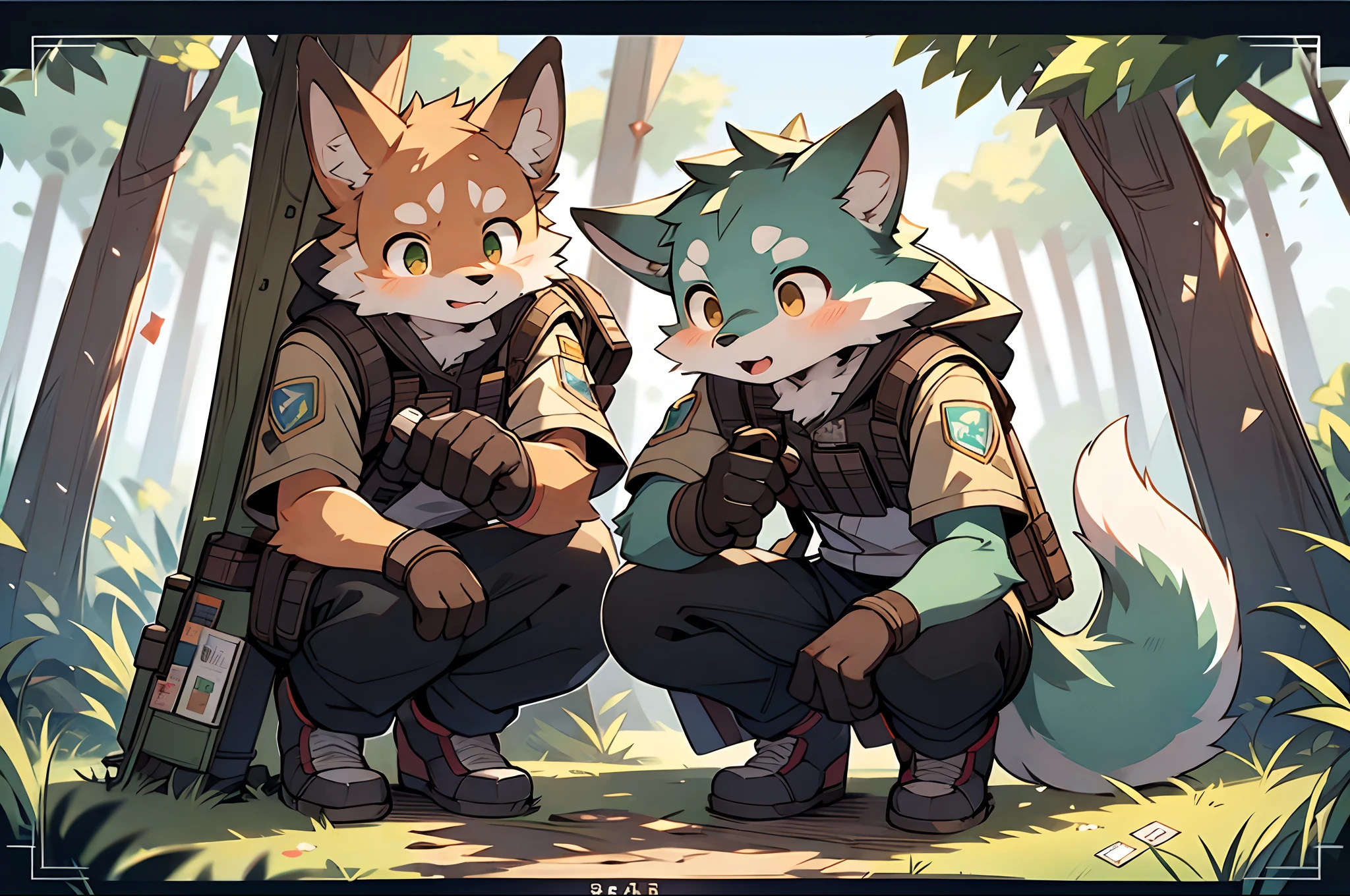 frame of trading card, UI Marks on the upper right and left bottom of the cygames style card.dark and green tone. small anthro kemono fox Scout is crouching behind a tree and aiming his sniper rifle at a distant target. He is dressed in a camouflaged jacket and pants,with a bulletproof vest. meticulous post-war military scenes, soft-focus technique
