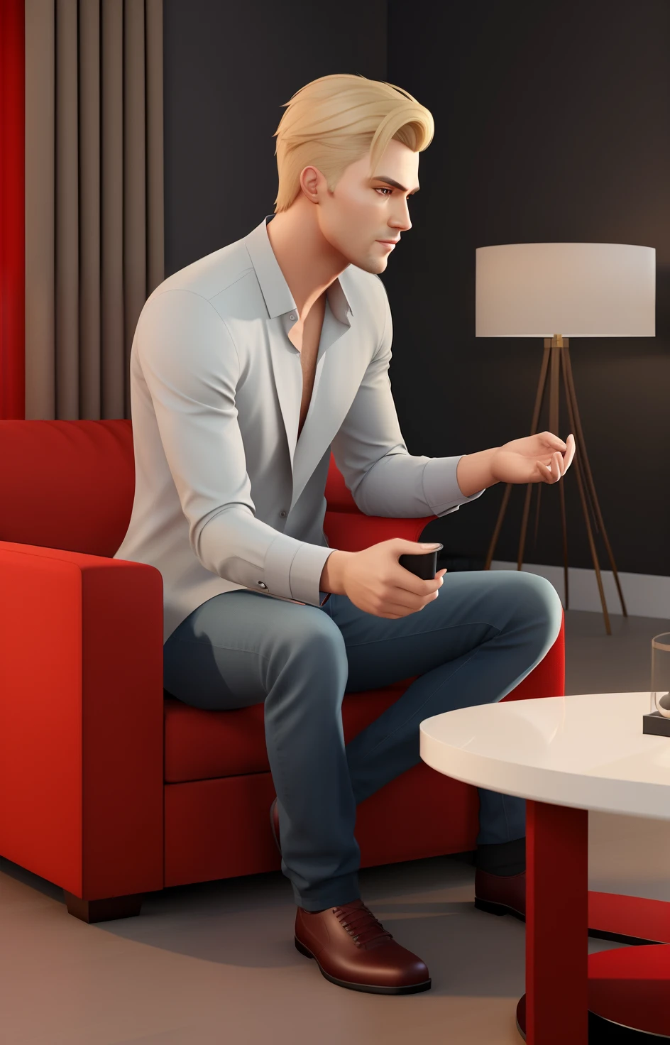 Man sitting on a red sofa in the living room, elegant cinematic pose, Sitting in the living room, Sitting on a Sofa, Sitting on a Sofa, sitting on the couch, Semi-realistic render, 3D avatar demo, sitting on a chair, Sitting on a Sofa, Elegant, photorealistic, cinematic, realistic afternoon lighting, promotional render