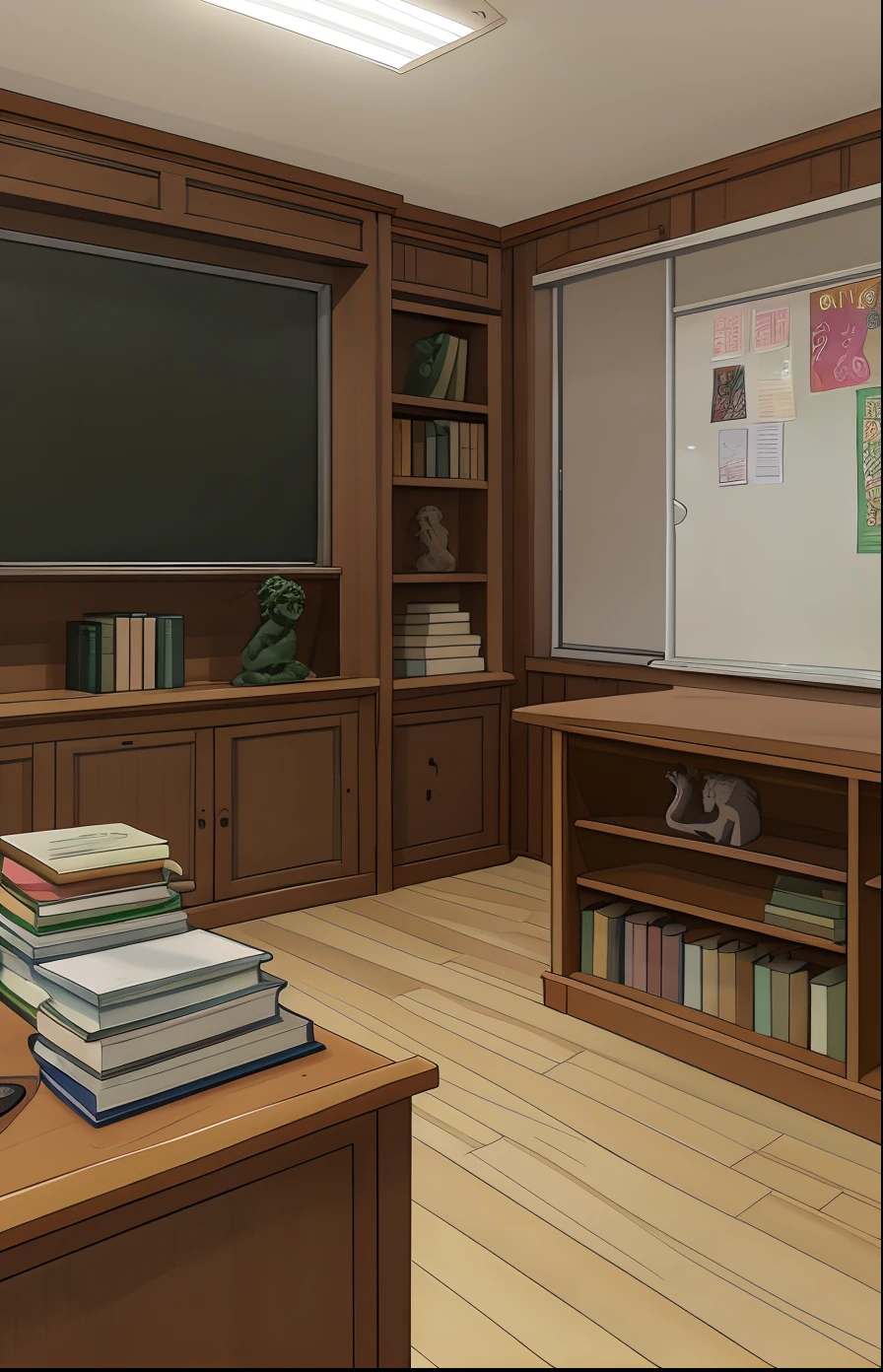 Anime, Classroom interior, White board, Wooden Desk, posters on the wall, Large window, Shelves with books and statues, scientific fiction, 8K, nffsw, masutepiece, Highest Quality