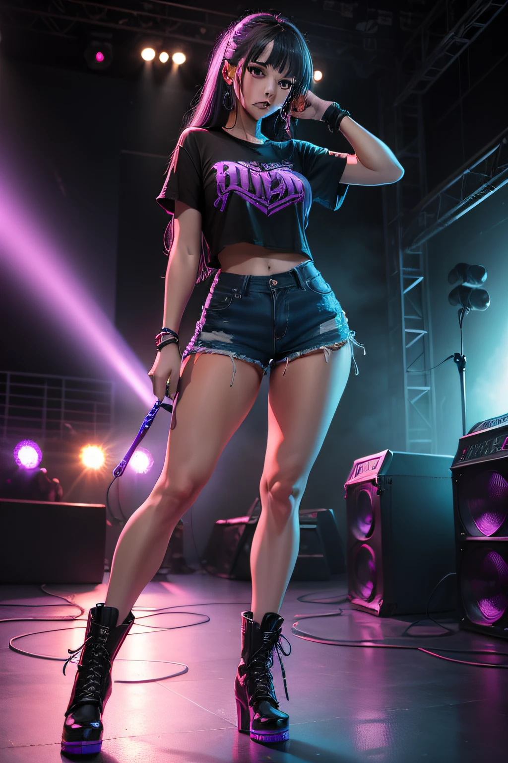 Close-up, beautiful girl, physical rendering photo of an 18 year old girl, bangs, blue eyes, unbuttoned, black blouse, rock stage background, light on face, dream, magical atmosphere, cinematic lighting, embers, music, action pose, mist, CRU photo, 8k uhd, film grain, , short hair, mean face, sly, black tattoos, black skirt, big butt,
