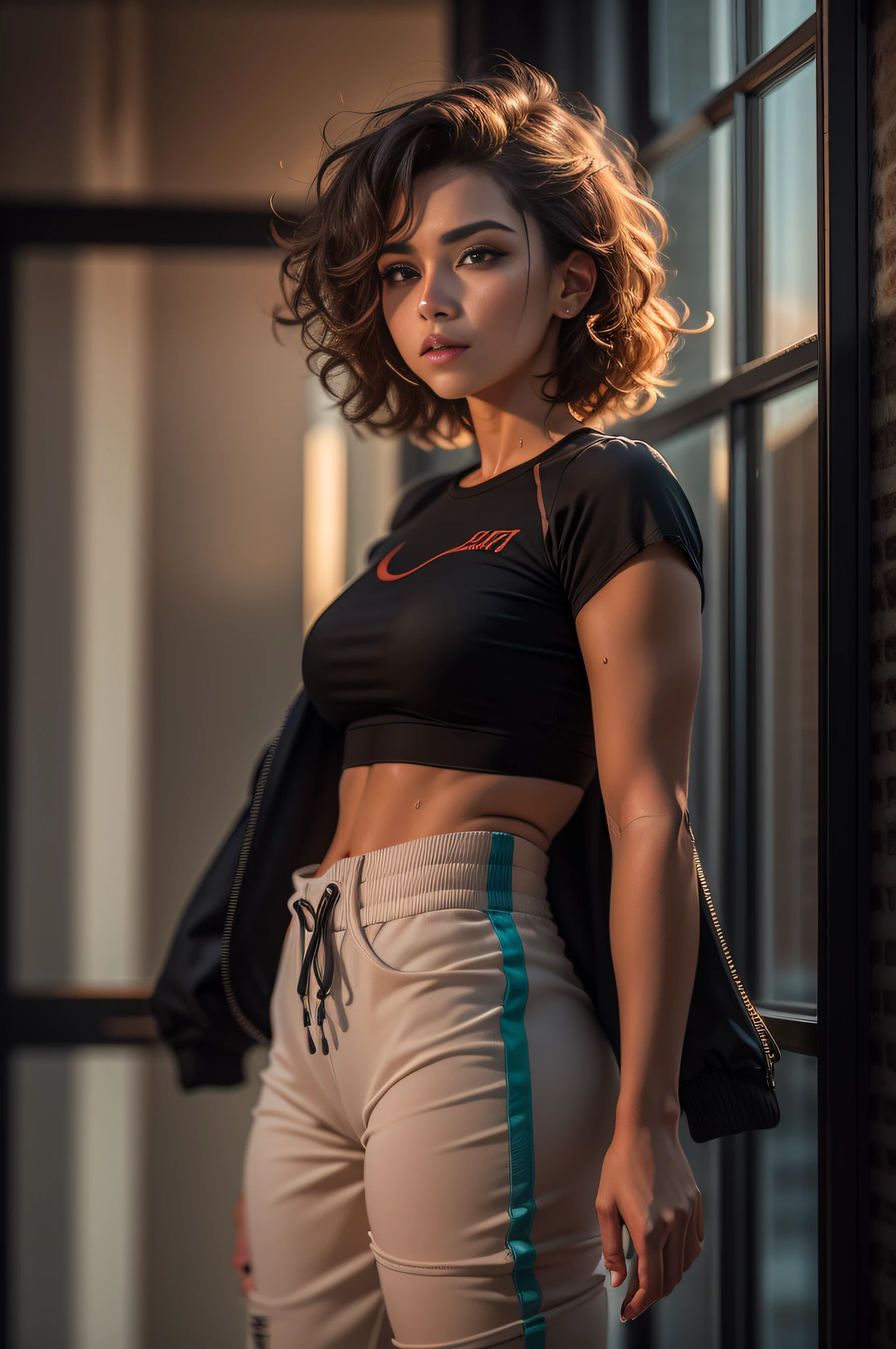 portrait photo of a trendy beautiful girl standing next to a high rise window, short wavy hair, gorgeous aesthetic, short black crop top, sweat pants, 50mm, f/1. 4, high detail, sharp focus, cowboy shot, rim light, sunset, 8K UHD, modelshoot style