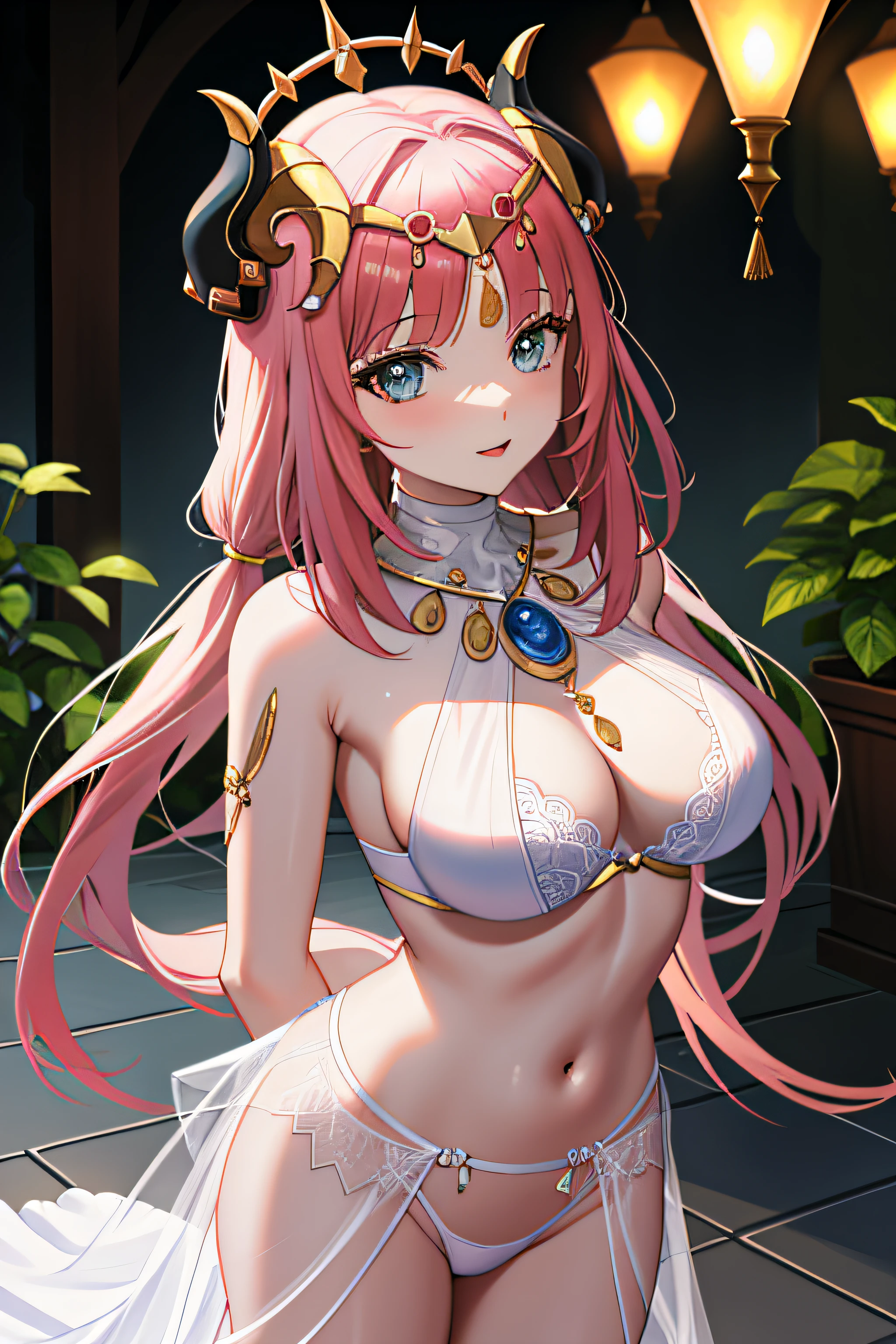 ganyu_genshin, 1 girl,(smile), (upper body:1.2), (standing),solo,(1 girl in the photo:1.5),(alone:1.5),(looking viewer:1.4),(arms behind back :1.5),(Horn headdress),blue hairs,Beautiful and delicate purple eyes,(gigantic cleavage breasts),(white bra:1.5),(white thong:1.5),(Bare arms:1.5),(naked leg:1.5 ),white Heels,(From Under:1.2),exteriors,stage,fresh flowers,