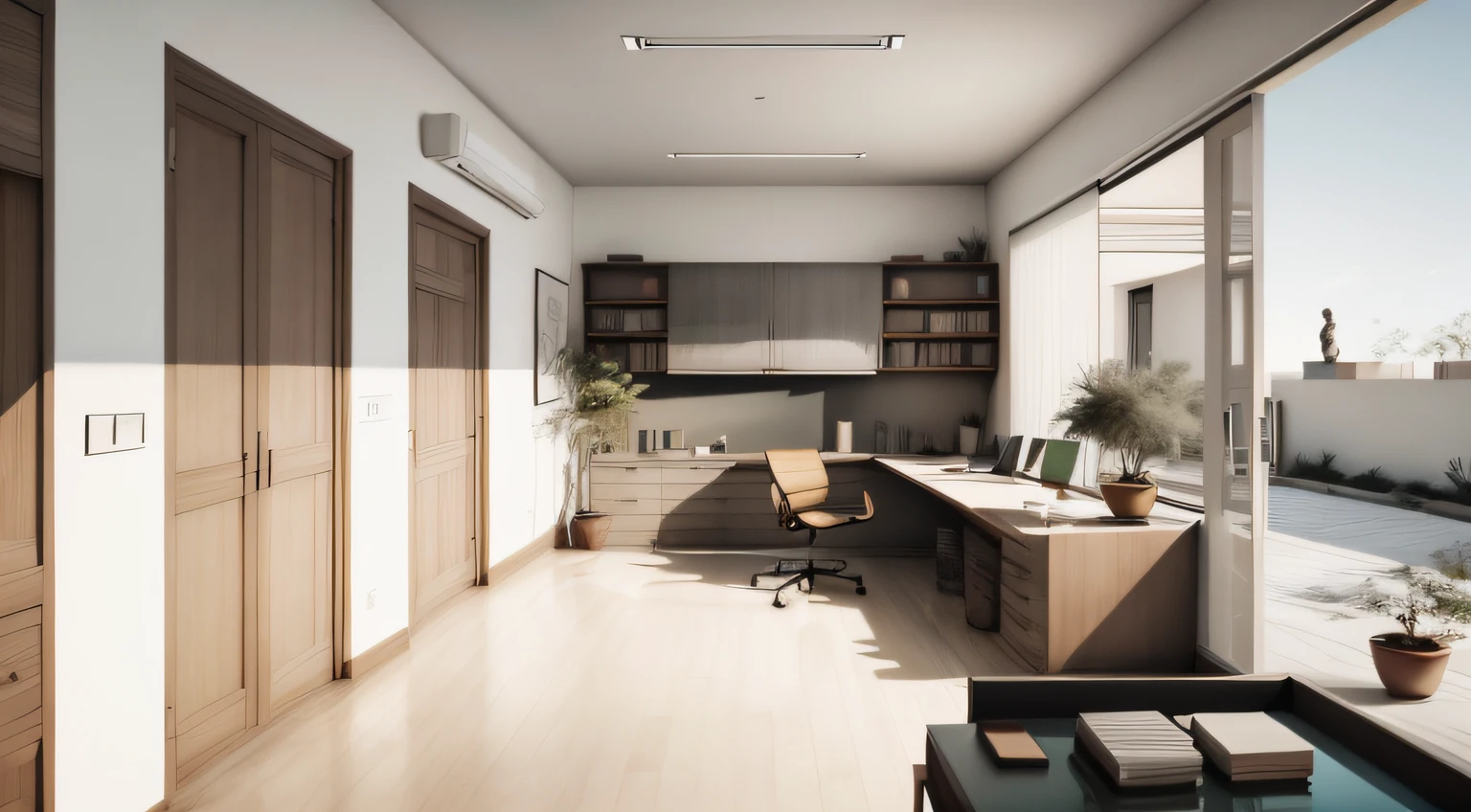 Arquitectura de estilo moderno, con plano de una oficina