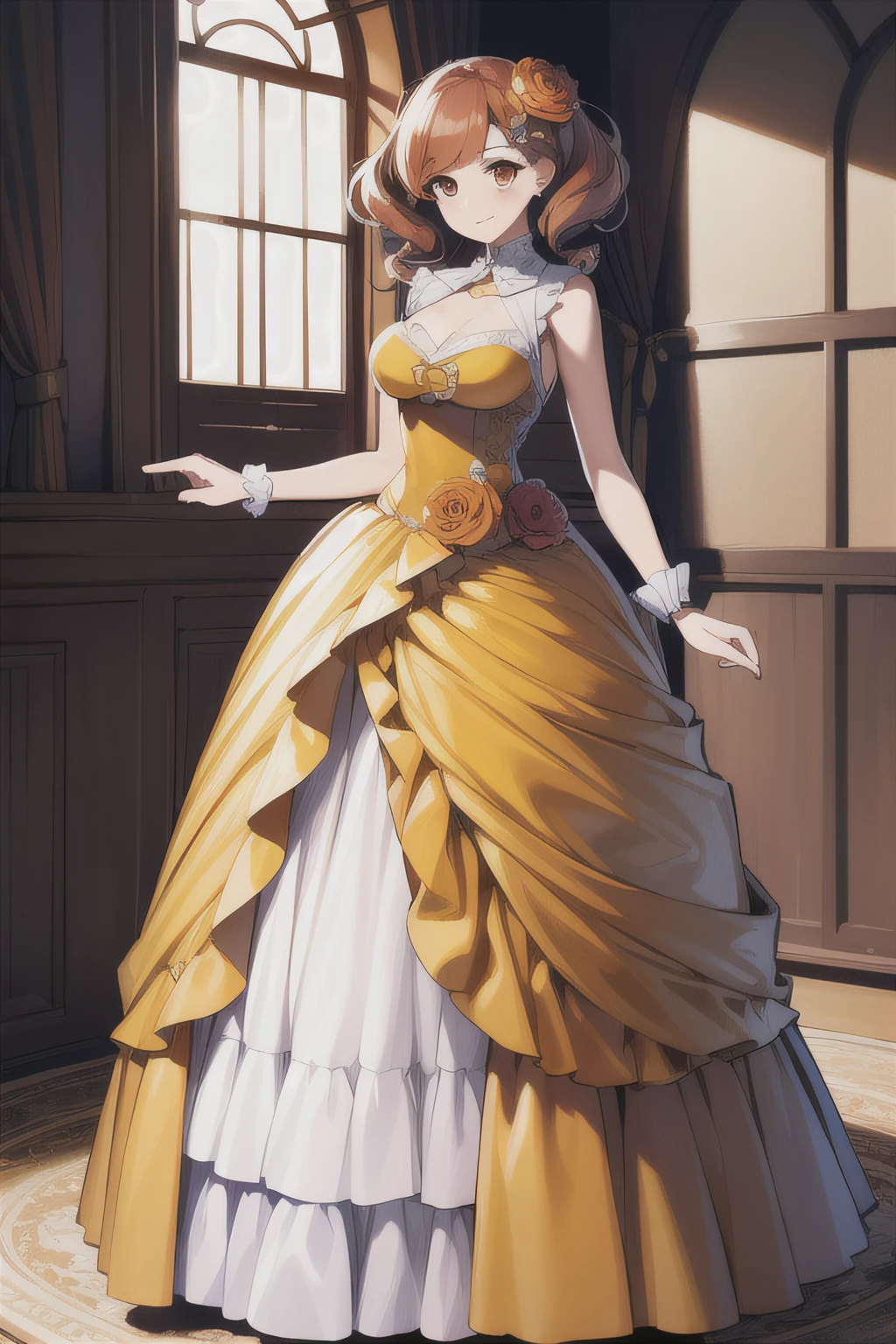 (((Best quality))), ((Ultra-detailed)), ((illustration)), ((Disheveled hair)), ((frilld)), (1 girl),(Solo), 1girll,flower,Orange_flower,standing,Rating:safe,Evening_dress,Long_dress,