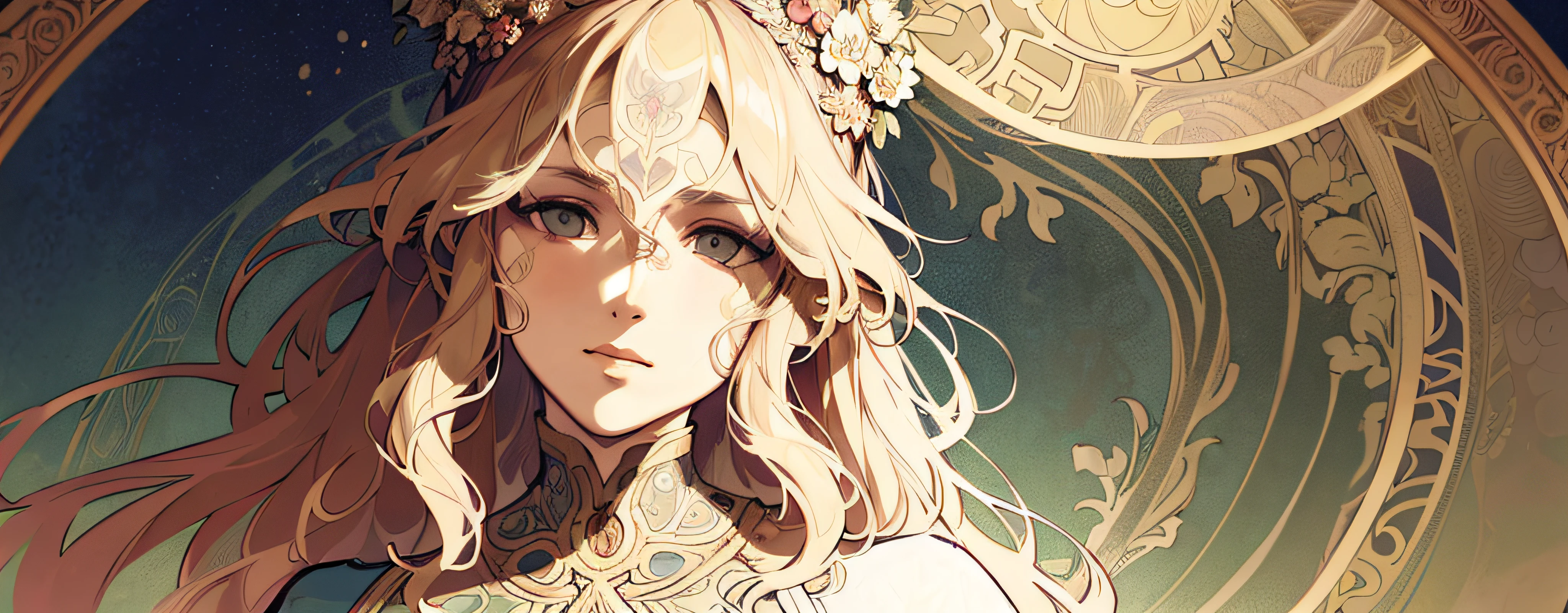 face portrait of a European female , long curly hair, blond, floral frame, Decorative panels, abstract
artistic, by Alphonse Mucha
(Masterpiece, Best Quality, Highres:1.4), Detailed, Intricate Details, 4K, color splashes, line art, fibonacci,