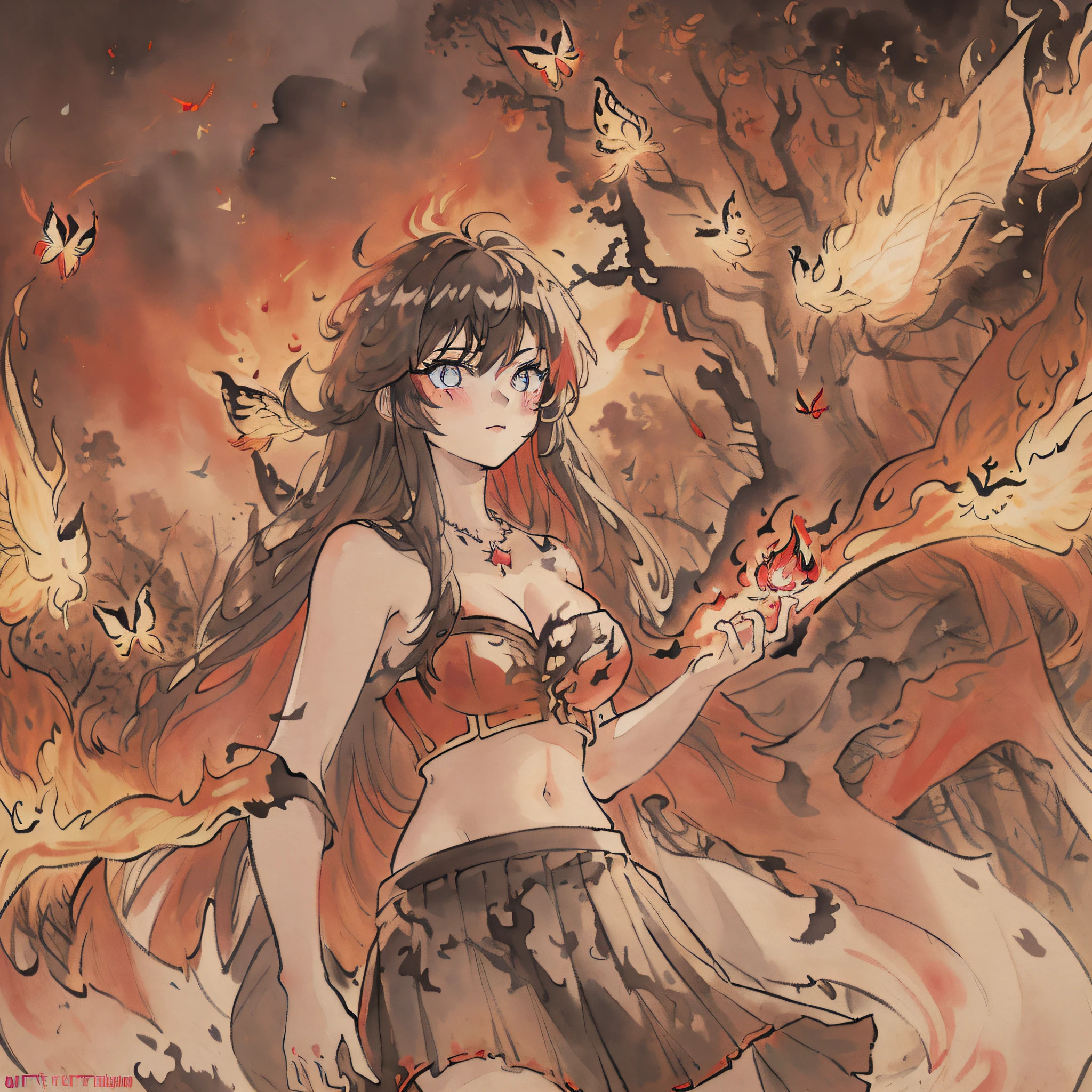 ((((ink))))，((watercolor))，((best quality))，(spirit),((illustration))，(((1 girl)))，(beautiful detailed eyes)，world masterpiece theater,depth of field，(Burning forest)，spark，anime face，Black gauze skirt，(red_hair)，blue_eyes，focus_on_face,medium_breasts，(((((messy_long_hair)))))，Bare shoulder，very_close_to_viewers，veil，light_leaks，Burning sky，navel，((bustier))，flame，Red Gem Necklace，Rainbow in the sky，Flames burning around,A burning church，(((Fire butterflys )))，(Flying sparks)