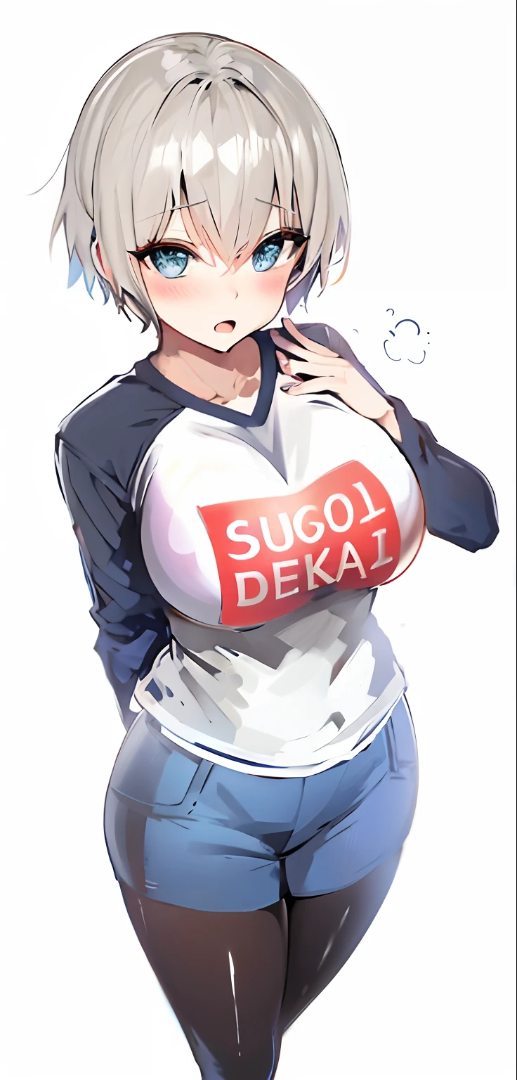 Anime girl with blue eyes and red heart and white shirt, sie boob, fubuki, sougetsu, [ Digital art ]!!, oppai, Big breasts!!, negao, kyoani, author：Sengai, shirobako, Big breasts!, [ 4 K digital art ]!!, side boobs, Clothing that exposes, Detailed fanart，Gakusa Uzaki，Uzaki anime