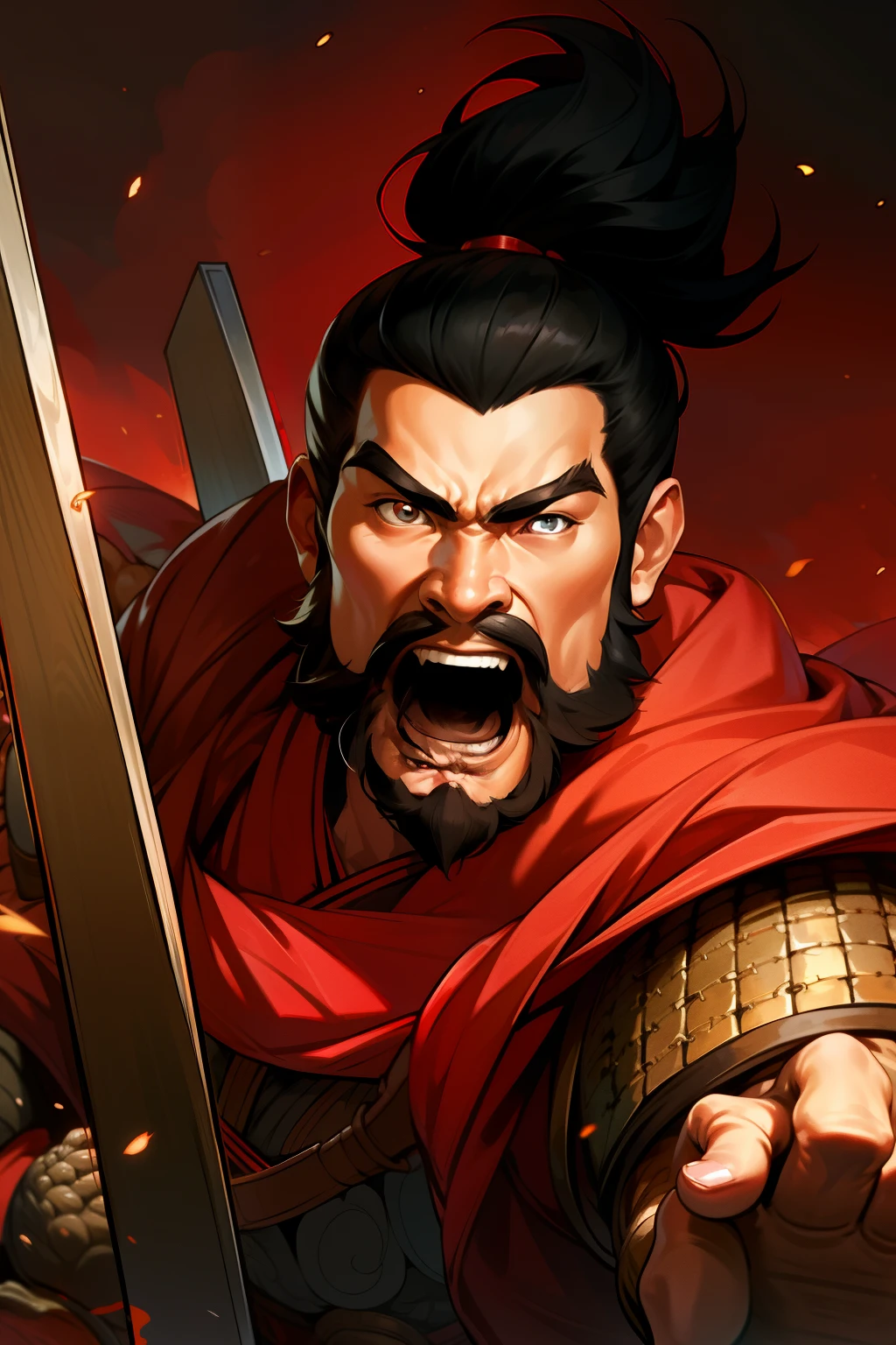 (4k, Best Quality, high resolucion:1.1), (Masterpiece:1.1), 1, (Chinese Male:1.2), midlife, Warriors, (Detailed Eyes:1.5), Facial hair, Muscular, strong, brave, courageous, powerful, Honorable, training, confident, looking up at viewer, face, bracer, armature, black, red,
beard, weapons, mustache, 1Boy, male_Focusing, retention, ferocious, Fierce