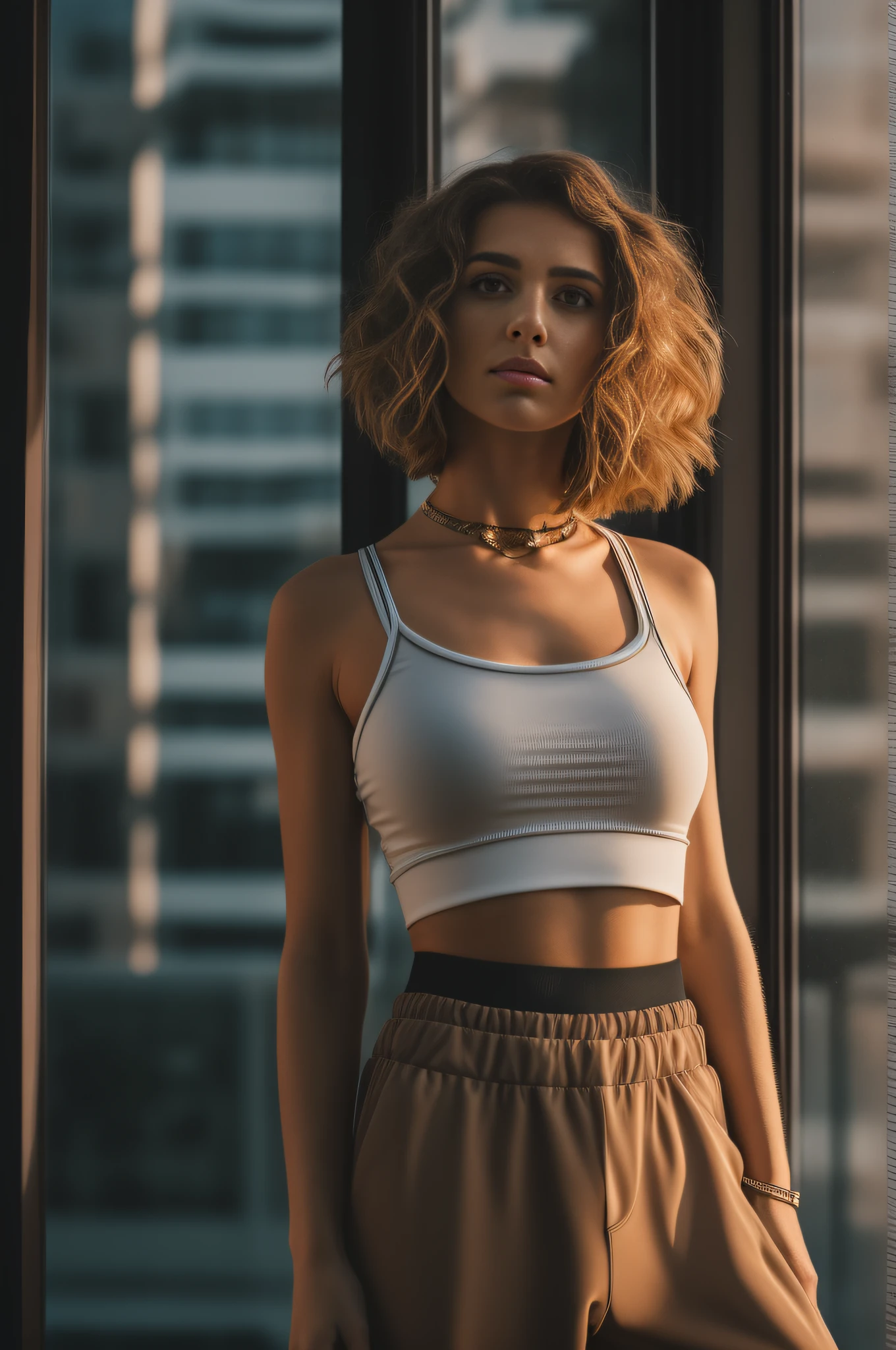 Portrait photo of stylish beautiful girl standing next to a high-rise window, Short wavy hair, Gorgeous aesthetics, Crop black crop top, track pants, 50 millimeters, f/1. 4, High detail, Sharp focus, Cowboy shot, rim-light, Sunset, 8K UHD, ModelShoot style