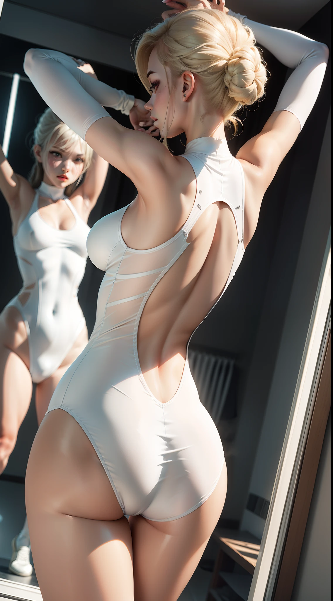 mirrors，Dance studio，white colors，One-piece transparent clothing，tight-fitting，Beautuful Women，being thin，Raised sexy