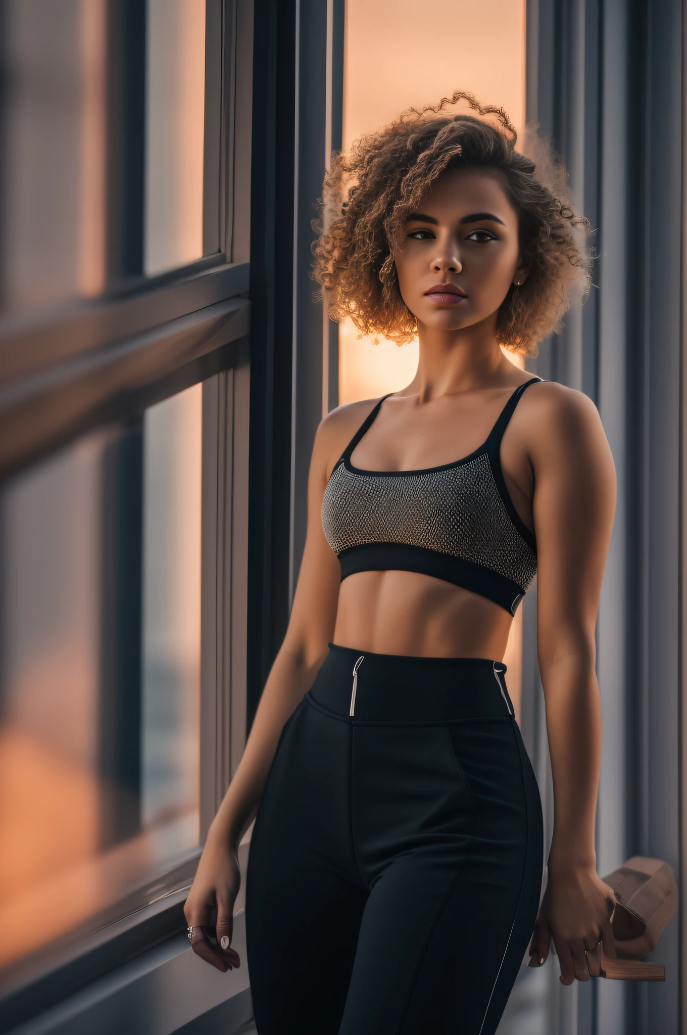 Portrait photo of stylish beautiful girl standing next to a high-rise window, Short wavy hair, Gorgeous aesthetics, Crop black crop top, track pants, 50 millimeters, f/1. 4, High detail, Sharp focus, Cowboy shot, rim-light, Sunset, 8K UHD, ModelShoot style