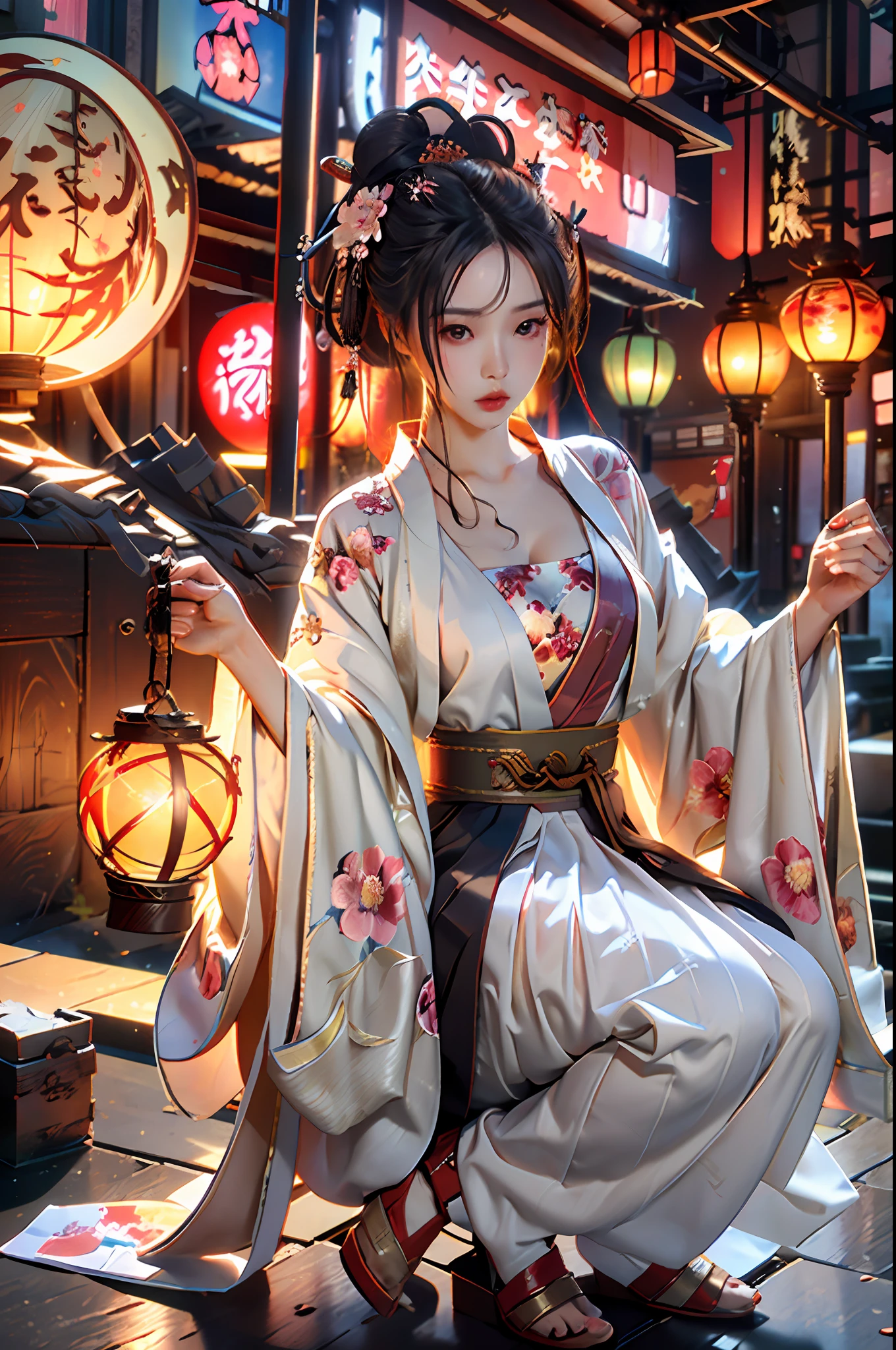 ((Obra maestra,La mejor calidad)),chica cuerpo exuberante sexy cybor, quimono negromuy corto, Legwear ?????, cinta negra, cabello ?????, Cerezo, tag, Flor, Hair bun, cinta para el cabello, Ropa japonesa, quimono, Cabello largo, Mirando al espectador, Looking back, Varias chicas, Obi, al aire libre, ojos rojos, Pelo rojo, cinta, Sandalias, single hair bun, escalera, En pie, estatua, Torii, tree, quimono blanco, ojos amarillos