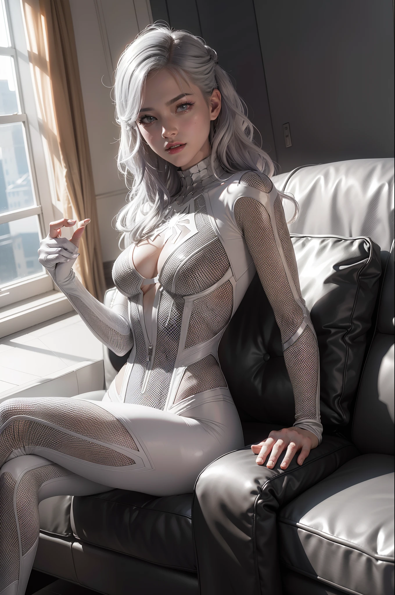 (Extreme Detail CG Unity 8K wallpaper, masterpiece, highest quality), (Exquisite lighting and shadow, highly dramatic picture, Cinematic lens effect), a girl in a white Spider-Man costume, silver gray hair color, from the Spider-Man parallel universe, Wenger, Marvel, Spider-Man, sitting on the couch, dynamic pose), (excellent detail, excellent lighting, wide angle), (excellent rendering, enough to stand out in its class), focus on white Spider-Man costumes, complex spider textures