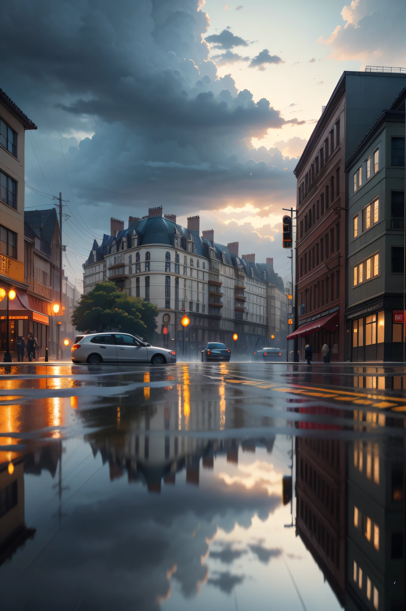 (3D:0.5,realistic:0.5,photorealistic:0.5),(absurdres,Super-resolution,masterpiece,best quality,finely detailed,absurdres:1.2), dramatic light, dramatic illumination, cinematic, anime scenery, makoto shinkai, ghibli, fantasy world, magical, beautiful sky, clouds, building, cars, dramatic lighting, cinematic lighting, rain, wet, rainy days, rainy, rain drop, crosswalks, cone, reflection,