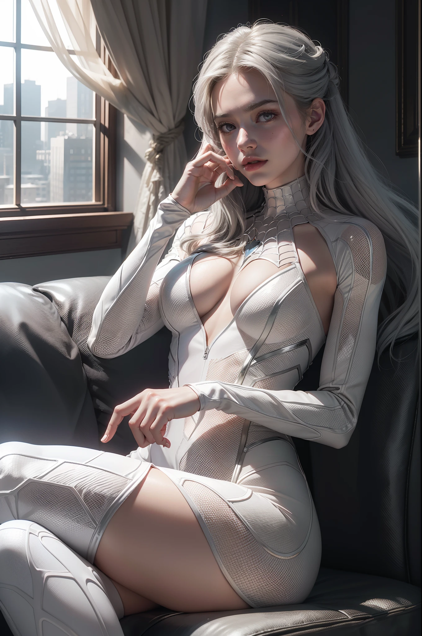 (Extreme Detail CG Unity 8K wallpaper, masterpiece, highest quality), (Exquisite lighting and shadow, highly dramatic picture, Cinematic lens effect), a girl in a white Spider-Man costume, silver gray hair color, from the Spider-Man parallel universe, Wenger, Marvel, Spider-Man, sitting on the couch, dynamic pose), (excellent detail, excellent lighting, wide angle), (excellent rendering, enough to stand out in its class), focus on white Spider-Man costumes, complex spider textures