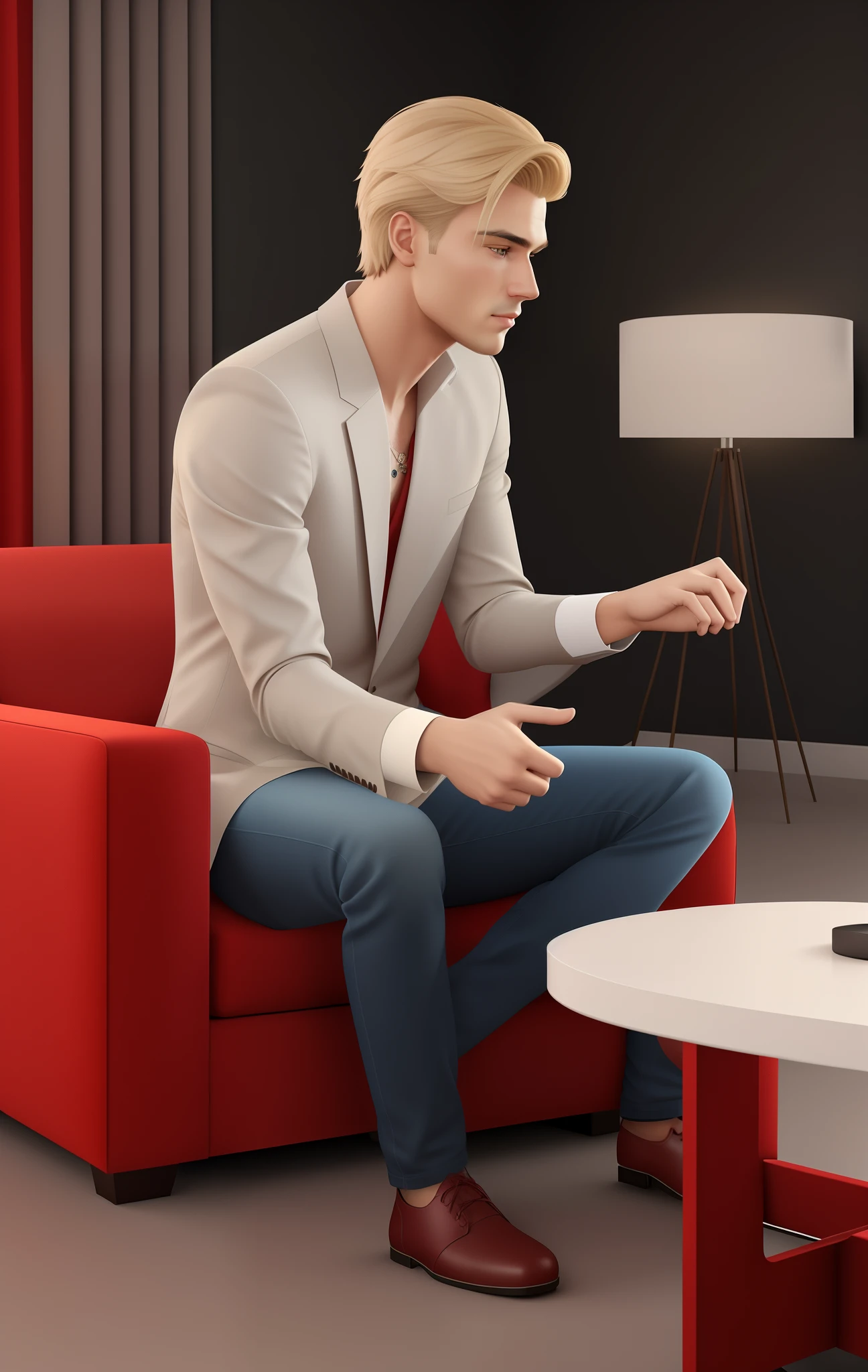 Man sitting on a red sofa and watching TV, elegant cinematic pose, Sitting in the living room, Semi-realistic render, promotional render, digital art of an elegant, inspired by Aleksander Gine, Sitting on a Sofa, Elegant, photorealistic, cinematic, Sitting on a Sofa, Sitting on a Sofa, sitting on a chair, detailed cinematic render, sitting on the couch