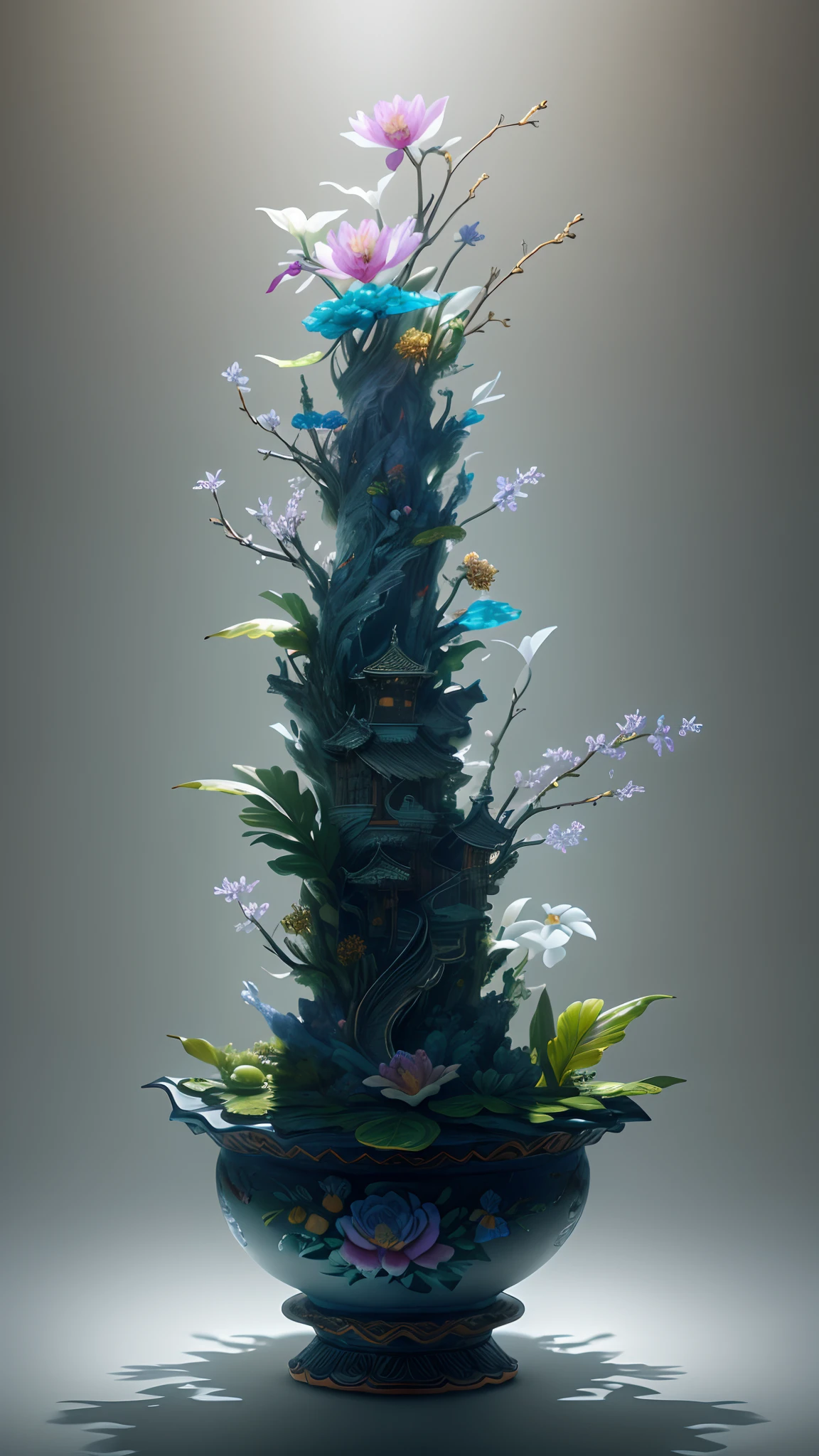 best quality, realistic, photorealistic, ultra detailed, "Mountain of Flower and Fruit+Fairy+Chinese Architecture" highly detailed carving on "southern ice" porcelain,Ultra wide angle,Accent Lighting,Volumetric Lighting,backlighting, (detailed light),((an extremely delicate and beautiful)),dramatic_shadow,ray_tracing,hdr