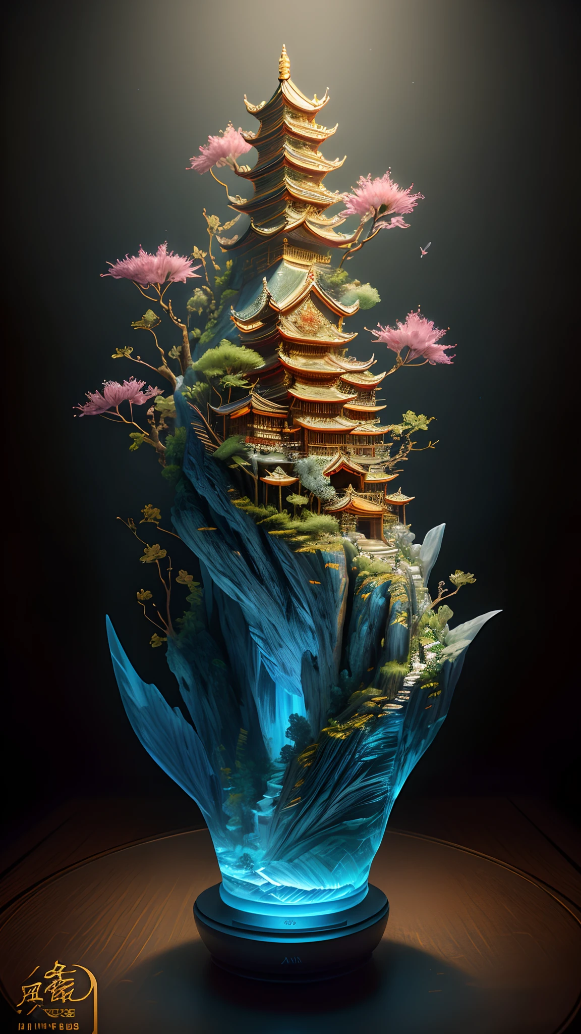 best quality, realistic, photorealistic, ultra detailed, "Mountain of Flower and Fruit+Fairy+Chinese Architecture" highly detailed carving on "southern ice" porcelain,Ultra wide angle,Accent Lighting,Volumetric Lighting,backlighting, (detailed light),((an extremely delicate and beautiful)),dramatic_shadow,ray_tracing,hdr