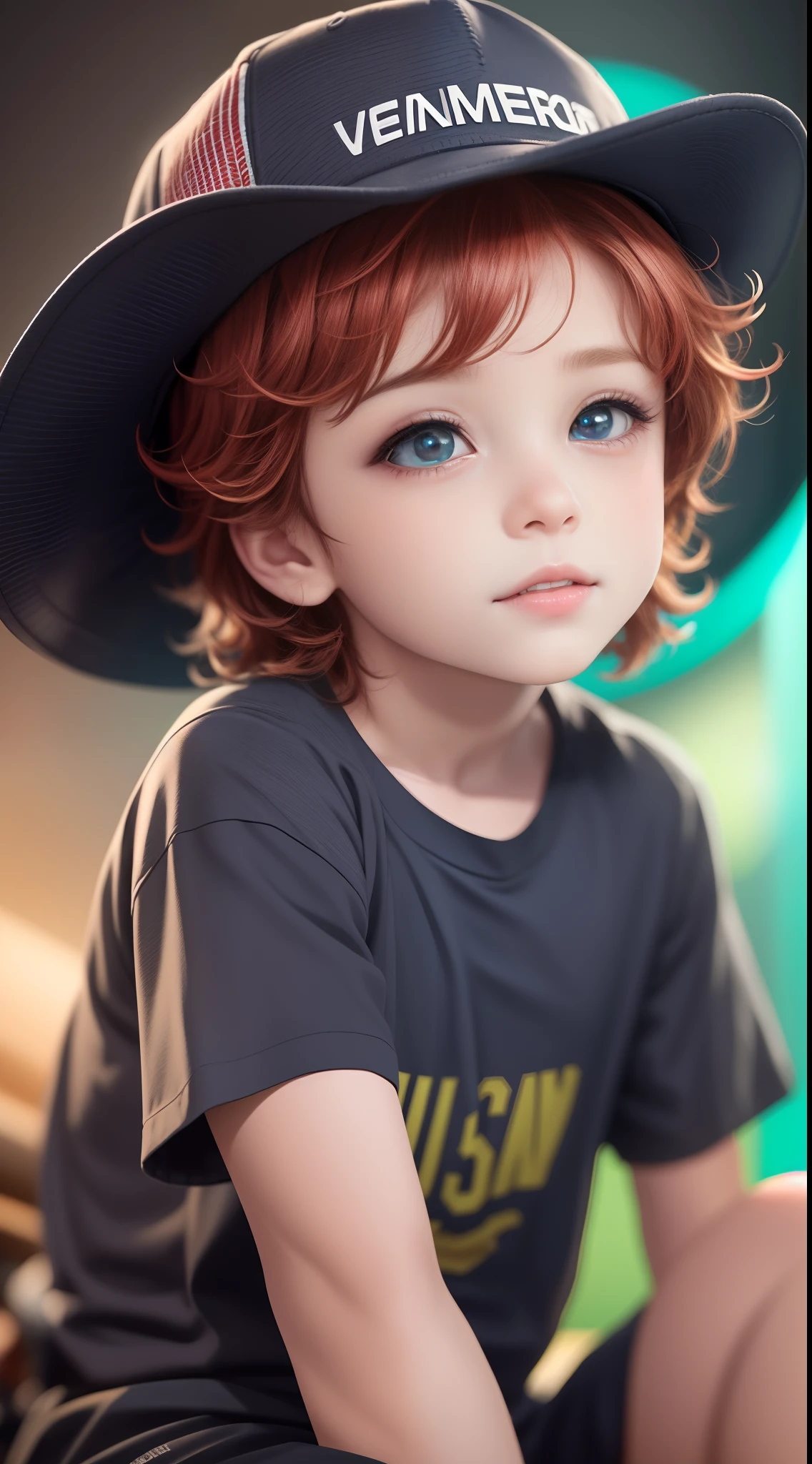 There's a boy in a hat and black shirt has a red eye with a black spot on it, his eyes are red and glowing, seus olhos brilhando vermelhos, olhos totalmente vermelhos, olhos vermelhos brilhantes, olhos vermelhos de sangue, olhos vermelhos, contatos vermelhos, olhos totalmente vermelhos sem pupilas, com olhos vermelhos, lentes de contato vermelhas, olhos vermelhos, olhos vermelhos escuros brilhantes, olhos vermelhos luminosos, com olhos vermelhos lindos, menino bonito, wearing a cute hat, Colo, menino novo, ruivo:2, , Olhar travesso, lindo bonito, usando um (((baseball cap back))),((( menino tem cabelo ruivo curto))), ((ruivo-hairedbo)), com olhos bonitos, beautiful face!!!!, muito bonito e infantil, fundo bonito, Feliz, melhor qualidade, 8k, super detalhado octane render