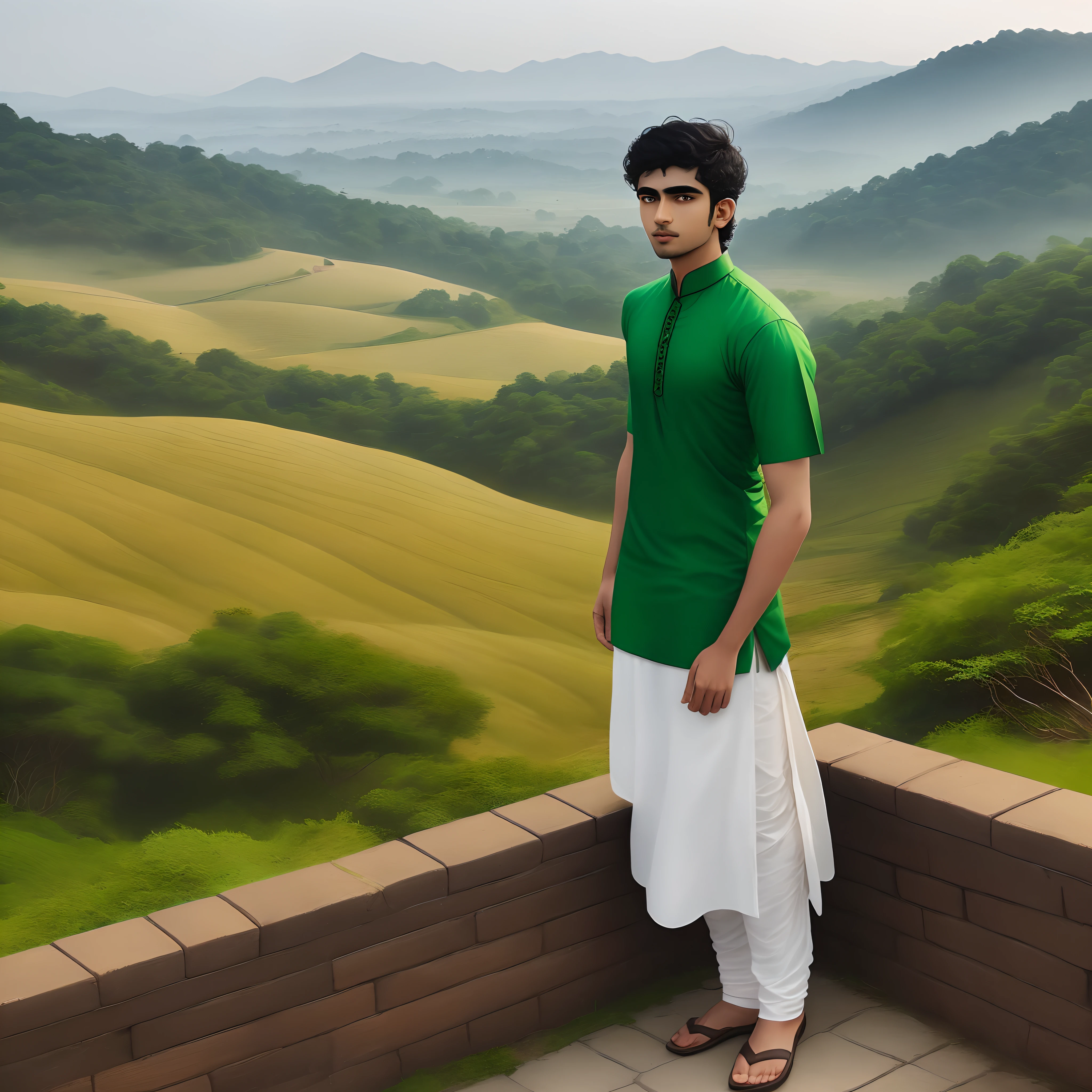 arafed man standing on a brick wall with a green shirt, wearing a kurta, inspired by Bikash Bhattacharjee, inspired by Saurabh Jethani, wearing a silk kurta, assamese aesthetic, in a scenic background, inspired by Sunil Das, handsome man, around 1 9 years old, very very low quality picture, hills in the background