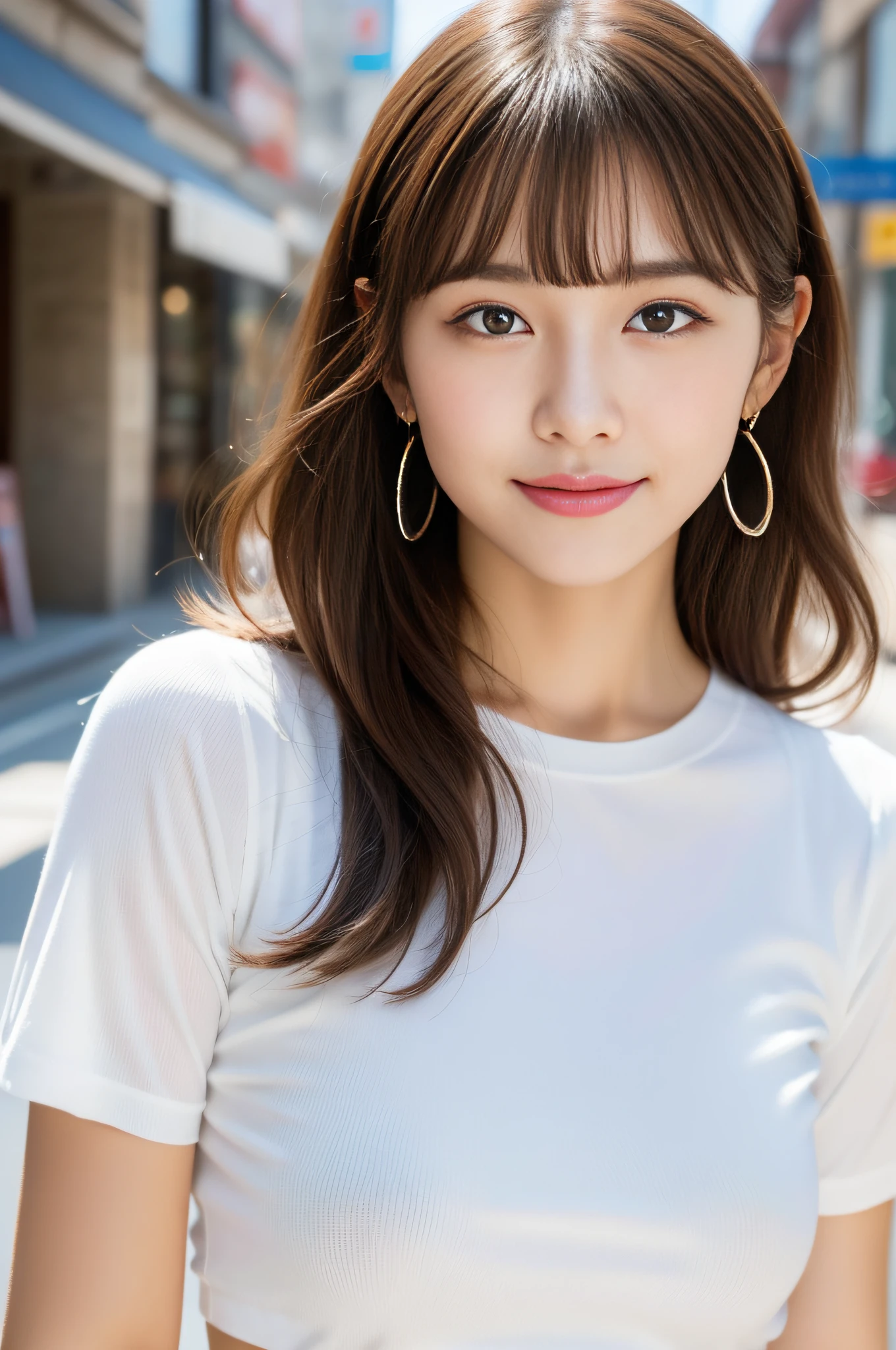 (8k, RAW photos, top quality, masterpiece: 1.2), ultra detailed, super resolution, (real, real photos: 1.37), portraits, high definition RAW color photos, professional photos, very detailed and beautiful, highly detailed, 8k wallpapers, amazing details, huge file size, official art, highly detailed CG Unity 8k wallpapers, highly detailed beautiful girls, highly detailed facesHighly detailed eyes, highly detailed skin, highly detailed fingers, Highly detailed nose, Highly detailed detailed mouth, Perfect anatomy, Highly detailed background, Highly detailed clothing, One Girl, (18:1.2), , cute girl, famous Japan idol, cute, realistic body, petite, white skin, radiant skin, slim body, handsome body, brown hair, short constricted curly hair, (blunt bangs:1.2), Smile, Cute, Youthful, Pretty Face, Realistic Face, Delicate Eyes, Saggy Eyes, White T-Shirt, Skirt, Earrings, Camera Gaze, Cowboy Shot, Front Face, Standing Figure, Contrappost, High Street, Public, Dynamic Lighting,