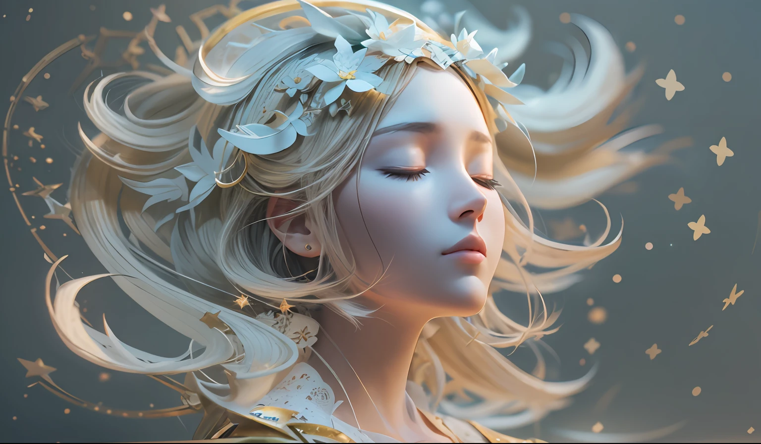 illustration: 1.3), paper art, 3D rendering of, Stars moon background, (Beautiful side face，closing her eyes: 1.3), (Masterpiece Angel 1.2) , Colorful, Best quality, Detailed details, Masterpiece, offcial art, movie light effect, 4K, Chiaroscuro , Flash