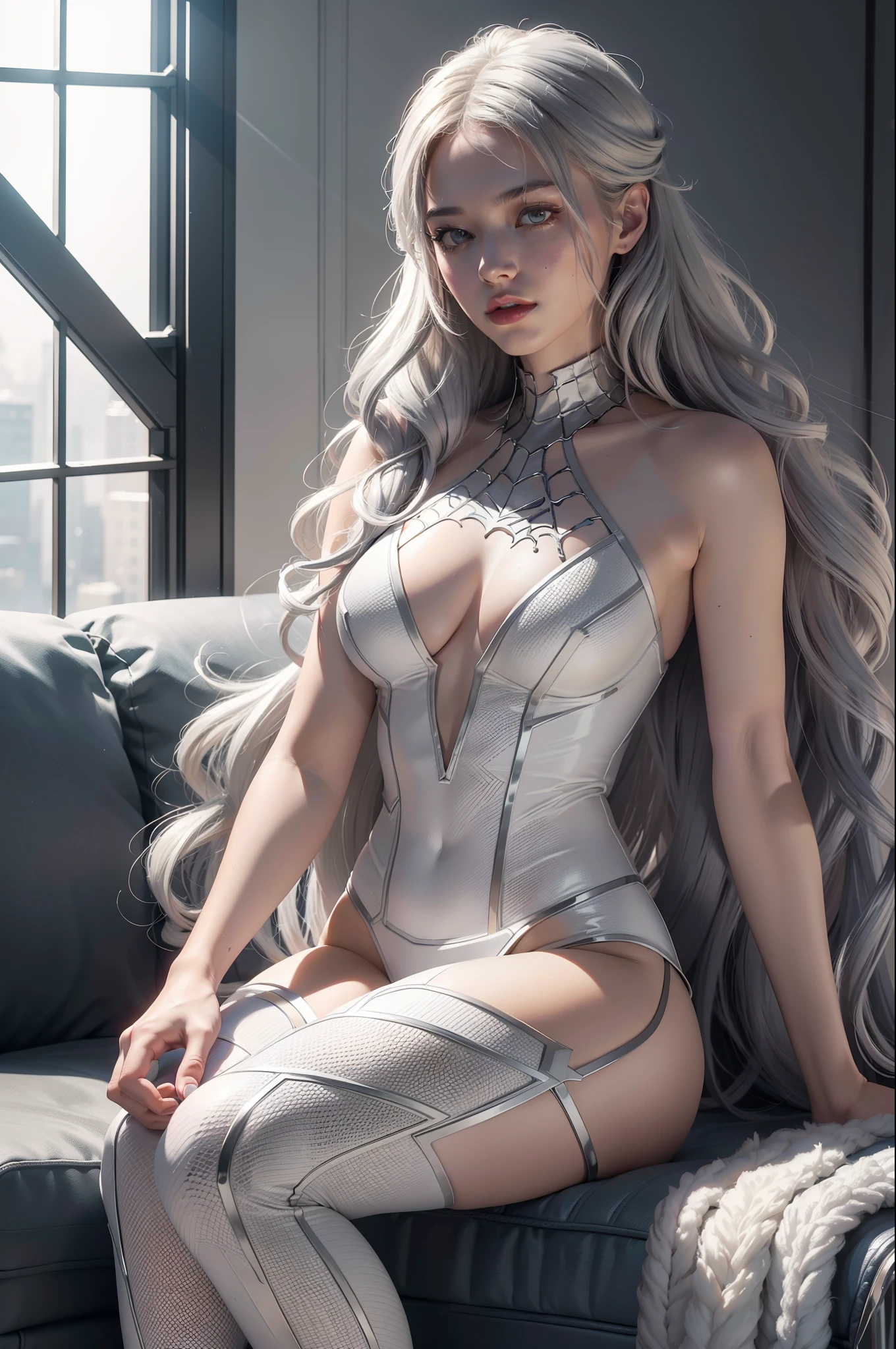 (Extreme Detail CG Unity 8K wallpaper, masterpiece, highest quality), (Exquisite lighting and shadow, highly dramatic picture, Cinematic lens effect), a girl in a white Spider-Man costume, silver gray hair color, from the Spider-Man parallel universe, Wenger, Marvel, Spider-Man, sitting on the couch, dynamic pose), (excellent detail, excellent lighting, wide angle), (excellent rendering, enough to stand out in its class), focus on white Spider-Man costumes, complex spider textures