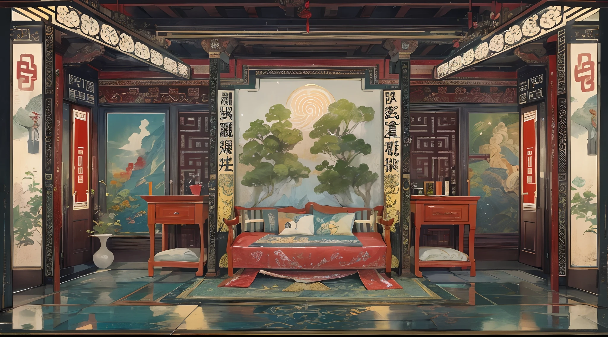 dominant colors: (((Overall red))),real rendering,Reallightandshadow,(Antique interior design)、Chinese home furnishings、Circular entrance、Depth、symmetrical design、((Antique carved door beams、carved beam paintings、tables and chairs、Bonsai、vases、chinaware、the trees、florals、Chinese lamps、Embroidery、screen、Beds、cushion、Blue sand curtain))、、rich details、Ancient Chinese Ming dynasty style、Quiet and elegant atmosphere、The blue tone is the base tone、Delicate and soft painting style、Cinematic lighting effects、high-definition picture quality、softlighting、Tyndall effect、dream magical、rich details、Refer to Gu Kaizhi、32K、high high quality、A high resolution、VerydetailedCG,Realistic background, Fundo sala de estar,, hyper detailed scene,, realistic detailed background, highly detailed scenario, arte de fundo, detailed scene, round background