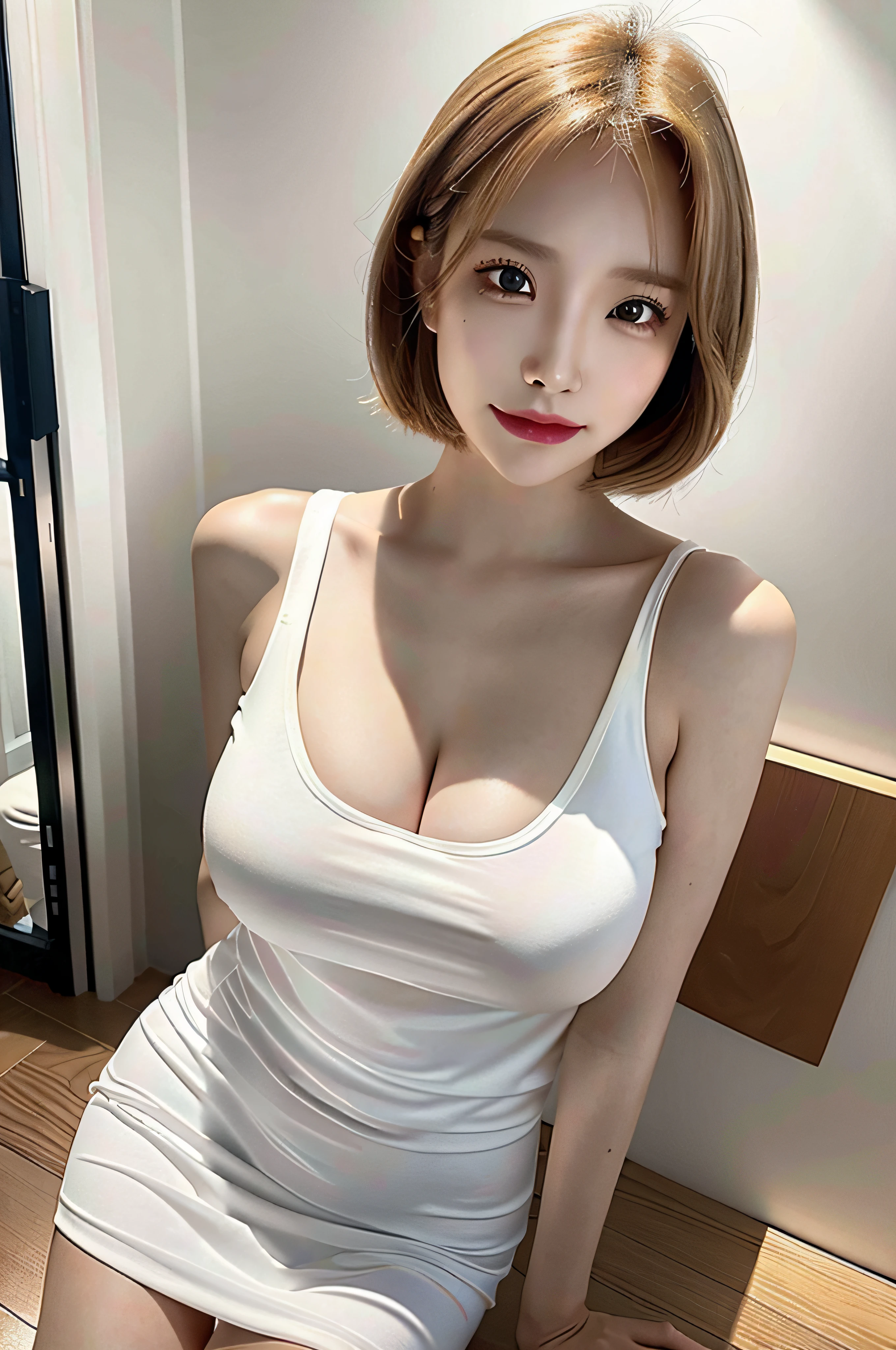 Incomparable masterpiece, perfect artwork, ((perfect female figure)), short hair, blonde, skinny, realistic, solo, (realism: 1.4), best quality, super high resolution, 1girl, porcelain, kpop ido, (extra large breasts), full body, beautiful, masterpiece, best quality, very detailed face, perfect lighting, solo, plain makeup, tights, best quality, super high resolution, (realistic:1.4), super detailed, masterpiece, best quality, ulzzang - 6500-v1.1, (realistic, photorealistic: 1.37), extreme light and shadow, disheveled hair, master work, rich details, (fine facial features), (highest quality photo), (masterpiece), (detailed eyes), look in front of you eyes, incredibly cute under eye moles, necklace, moles under lef5 eyes, earring best quality, Japanese woman, large breasts, very short bob hair,upper body, A beautiful woman with perfect body:1.4, Slim abdomen:1.2, (full body:1.6), ultra-detailed face, delicate eyes, double eyelids, soft breasts, charming expression, blonde hair, in high school, japanese uniform,