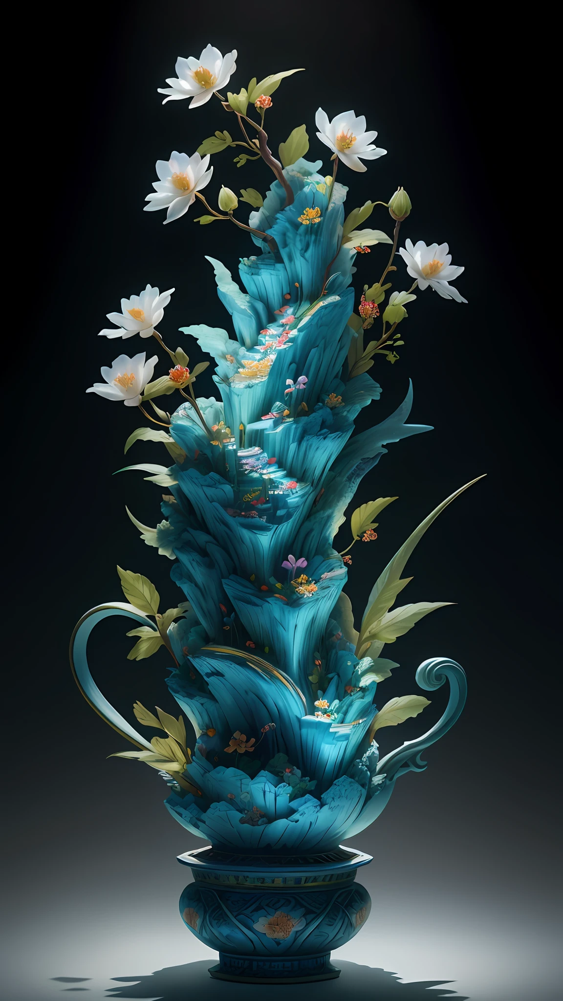 best quality, realistic, photorealistic, ultra detailed, "Mountain of Flower and Fruit+Fairy+Chinese Architecture" highly detailed carving on "southern ice" porcelain,Ultra wide angle,Accent Lighting,Volumetric Lighting,backlighting, (detailed light),((an extremely delicate and beautiful)),dramatic_shadow,ray_tracing,hdr