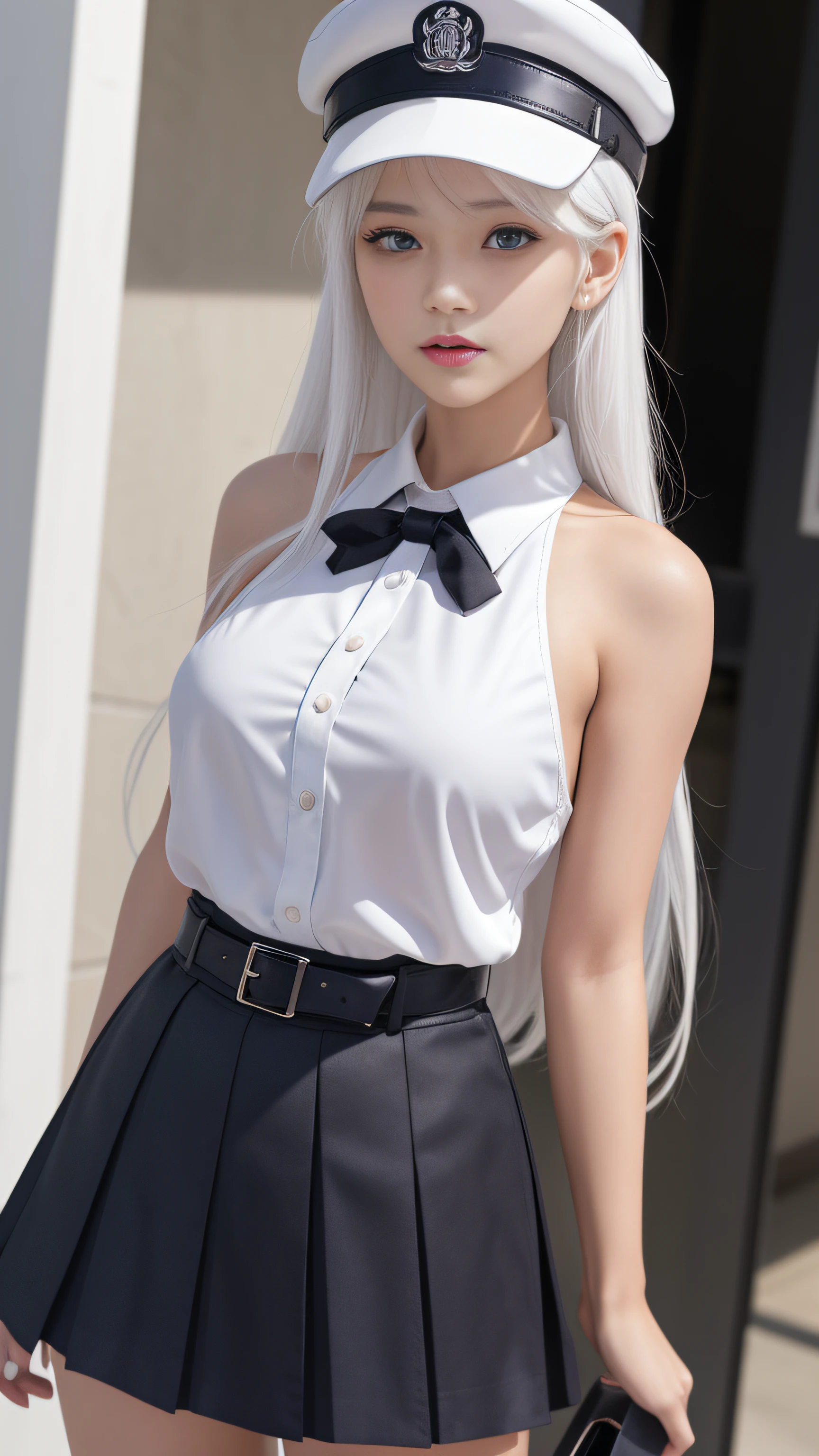 {masutepiece},{Best Quality},{1girl in},(Facing_viewer:1.4),White hair,bright white hair,Long hair,Upper body,extremely delicate and beautiful girl,/Beautiful detailed purple eyes:1.2/,dishevled hair, youthfulness,Mature Face,sharp_Eyes,/((white_navy_hat:1.2))/,Calm emoji,side locks, /Black short pleated skirt/,Black belt,//White shirt:1.2//,/Long black tie between medium breasts/, Bare shoulders ,