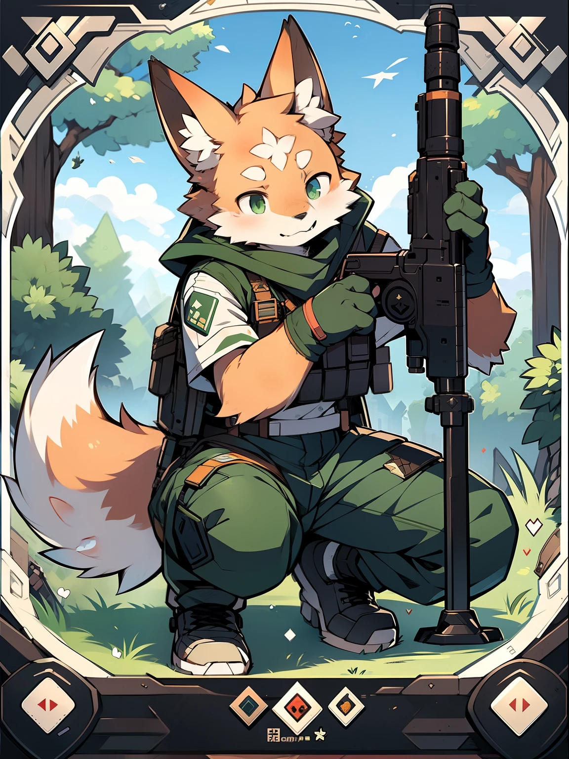 frame of trading card, UI Marks on the upper right and left bottom of the cygames style card.dark and green tone. small anthro kemono fox Scout is crouching behind a tree and aiming his sniper rifle at a distant target. He is dressed in a camouflaged jacket and pants,with a bulletproof vest. meticulous post-war military scenes, soft-focus technique