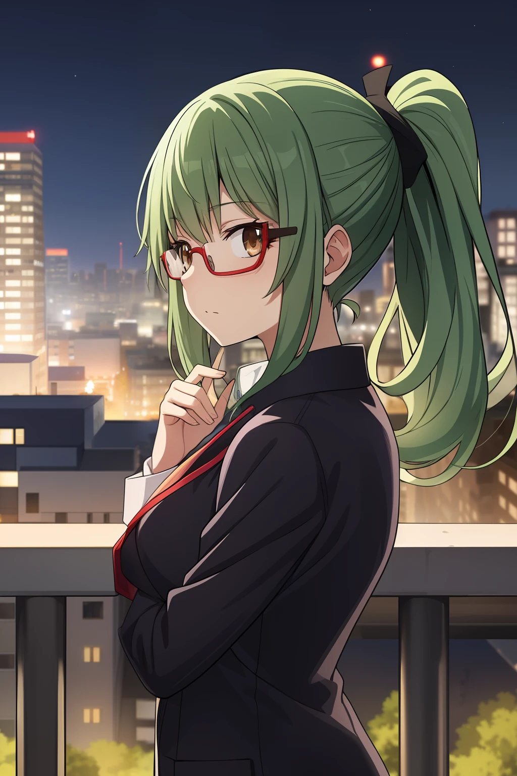 beautiful ,zenin_maki, ponytail, ,bangs,green hair,brown eyes, outdoors, jujutsu_uniform, night, city, glasses,  rim-less eyewear, (masterpiece:1.2, best quality)