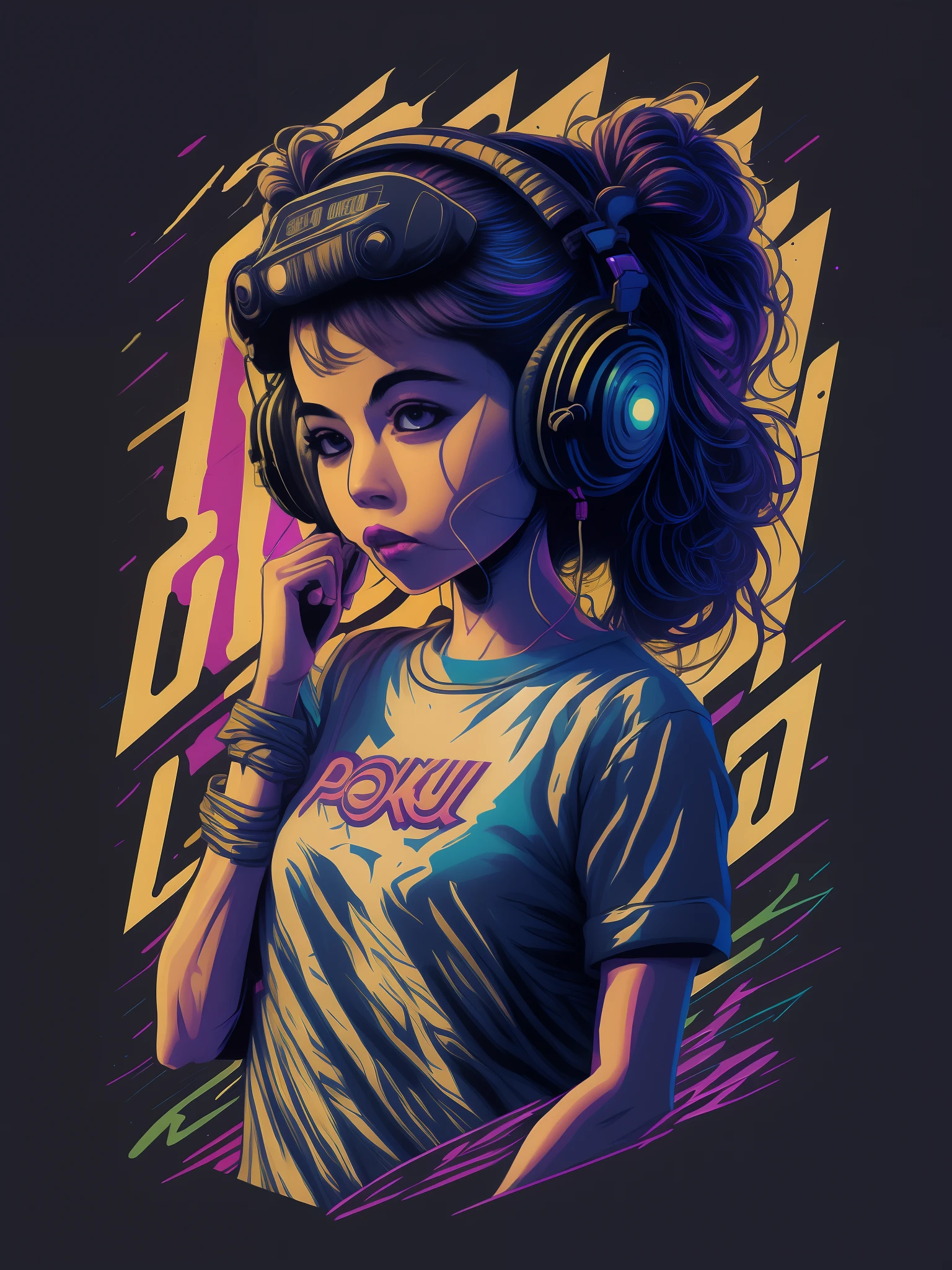 Vintage Poku girl with headphone character design,a sticker,full body shot shot,style of anime,Trigger studio style,comic book art,comic strip,scribble art,graphical,Intense neon color,Golden ratio composition,design for tshirt,8K