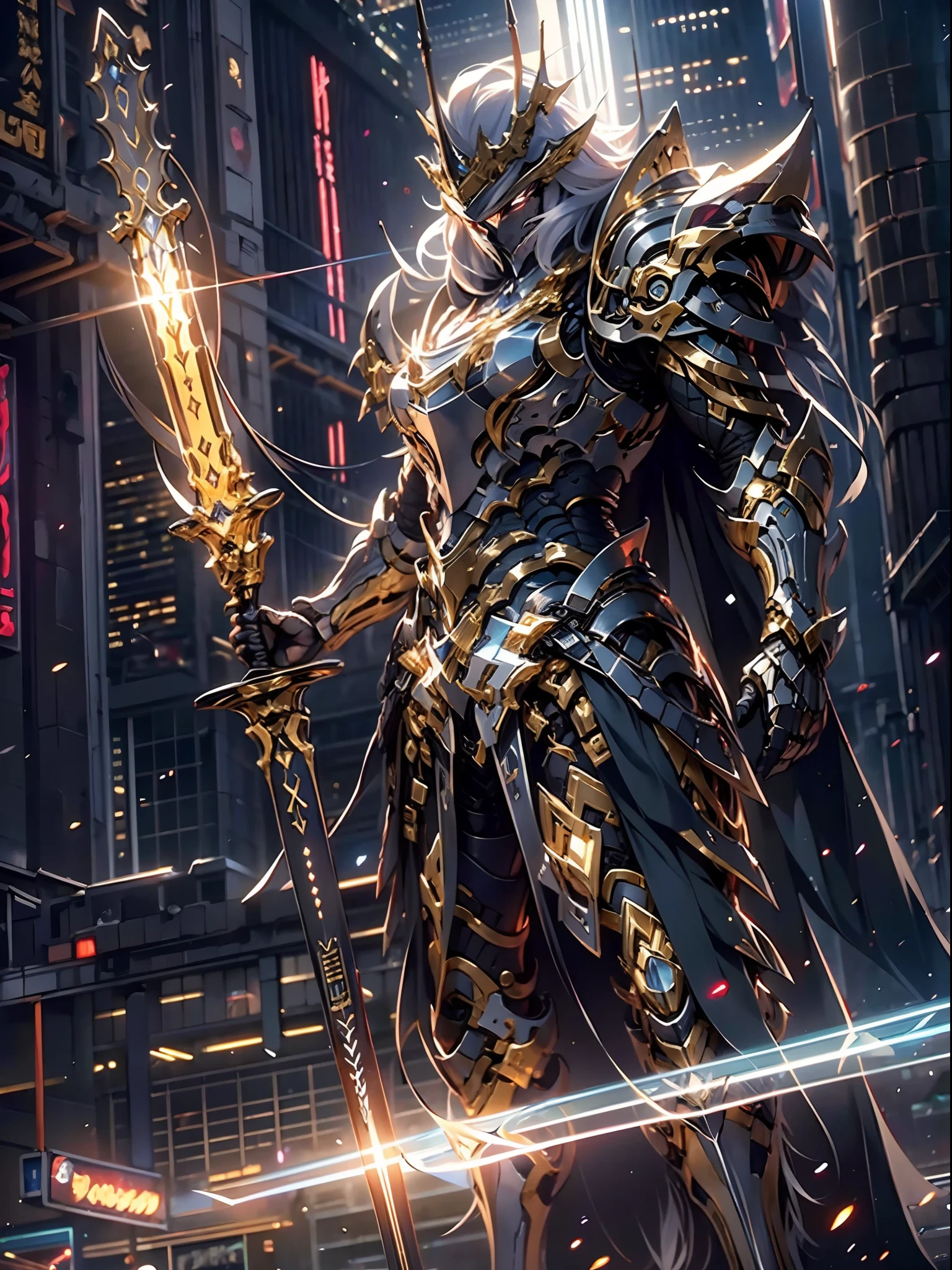 ultra wide shot, full body shot, (masterpiece, best quality), A paladin holding a light infused sword, light magic, divine, magewave, silver and gold, 4k, dark cityscape, Fujifilm, Beautiful detail background, Ultra detailed, Great composition, movie lights