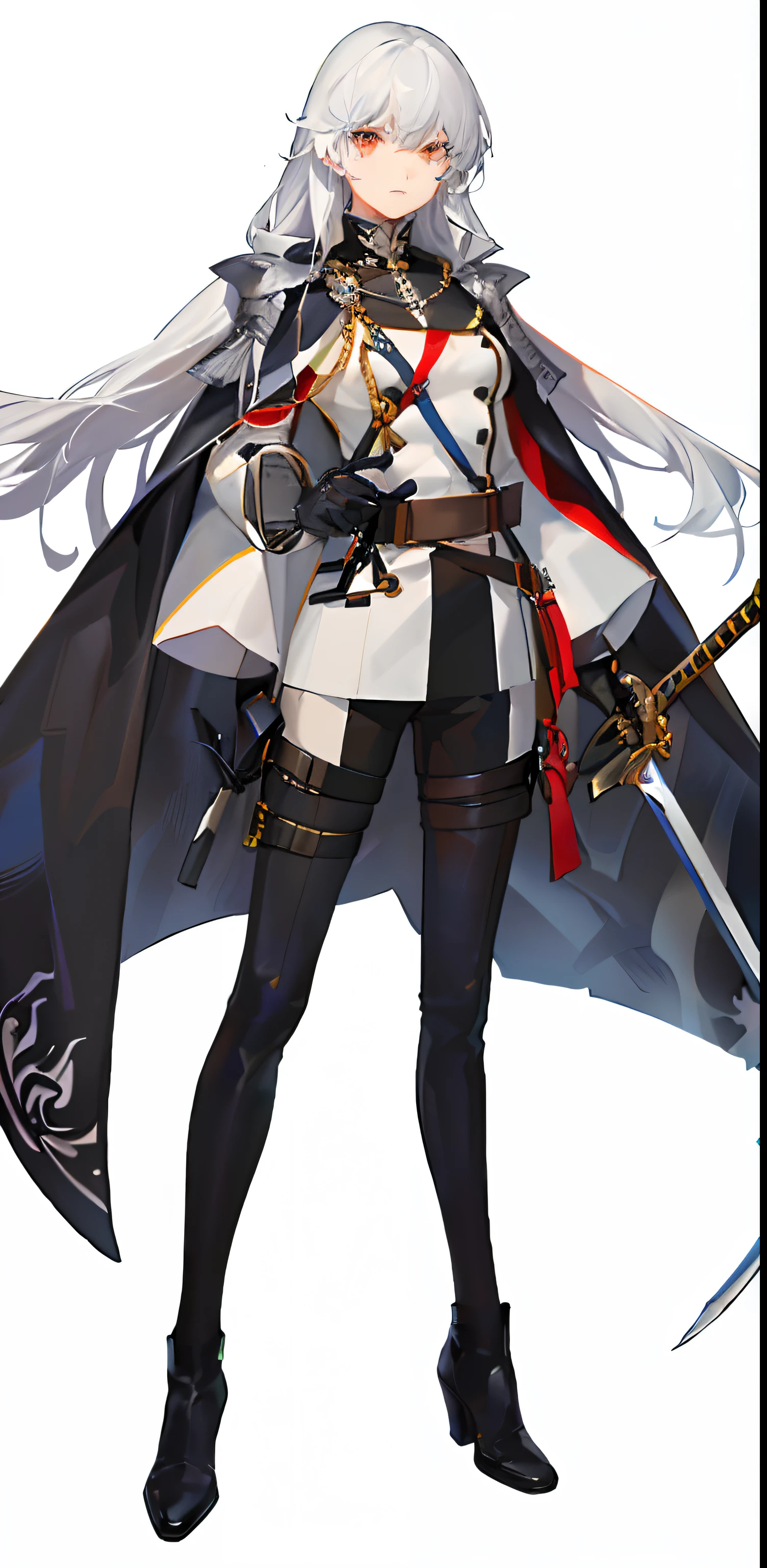best qualityer,tmasterpiece,Ultimate resolution,downy,Extremely colorful,Colorful,Black and red military uniforms,Stand with sword in both hands,sideways standing,legs separated,long white hair,a matural female,There is fire in the background,Sword marks,Hair flutters in the wind,heroic look,long black leather boots,Handsome pants,There are a lot of belts on the body,The cape is huge,There are raw edges